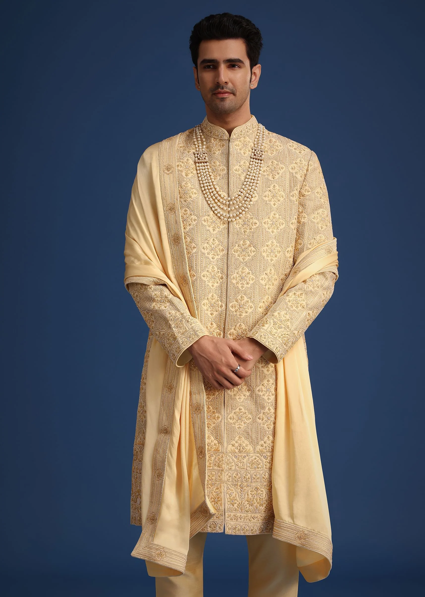 Gold Silk Embroidered Sherwani Set With Dupatta - Image 4