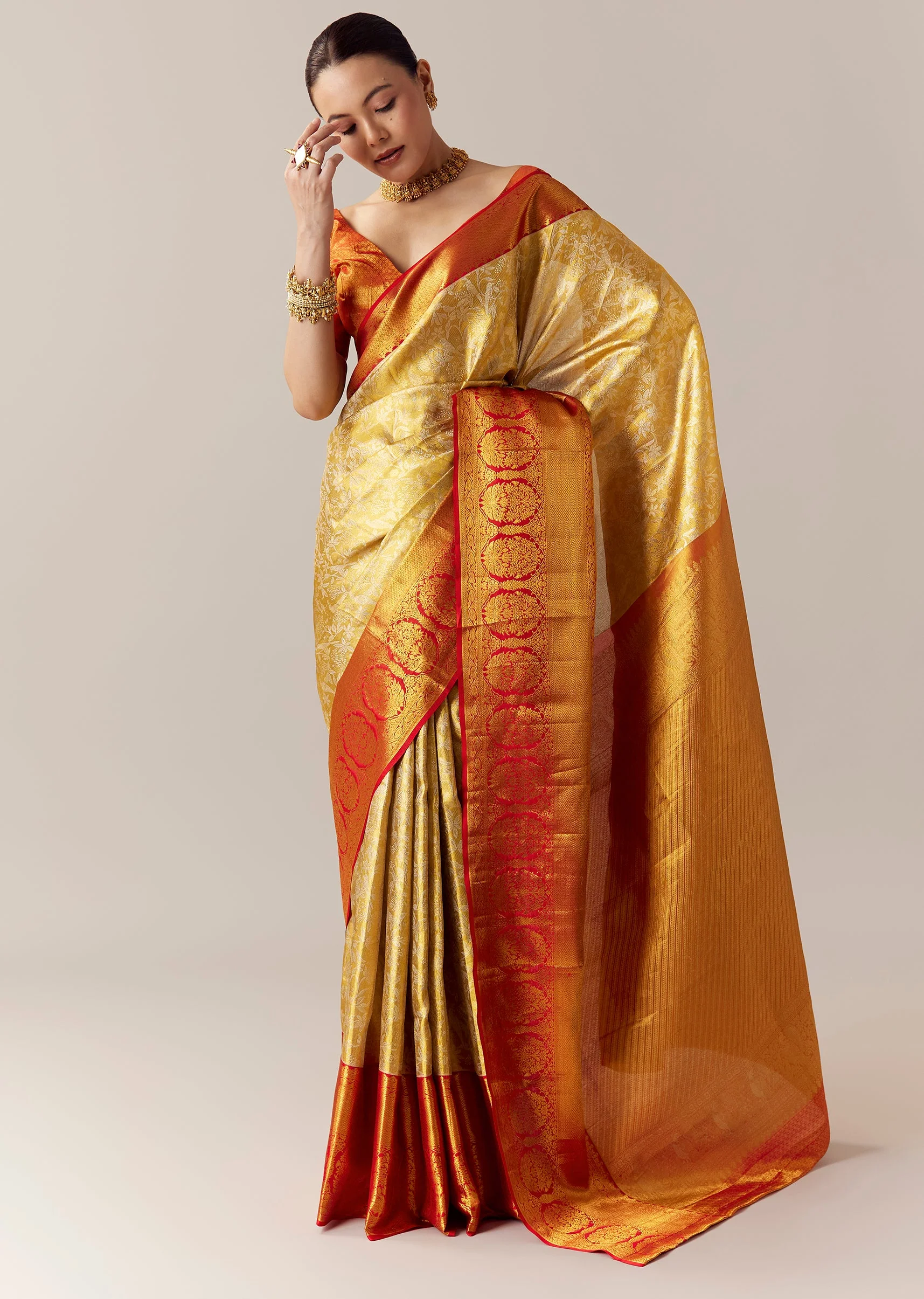 Gold Silk Kanjivaram Saree with Unstitched Blouse - Image 3