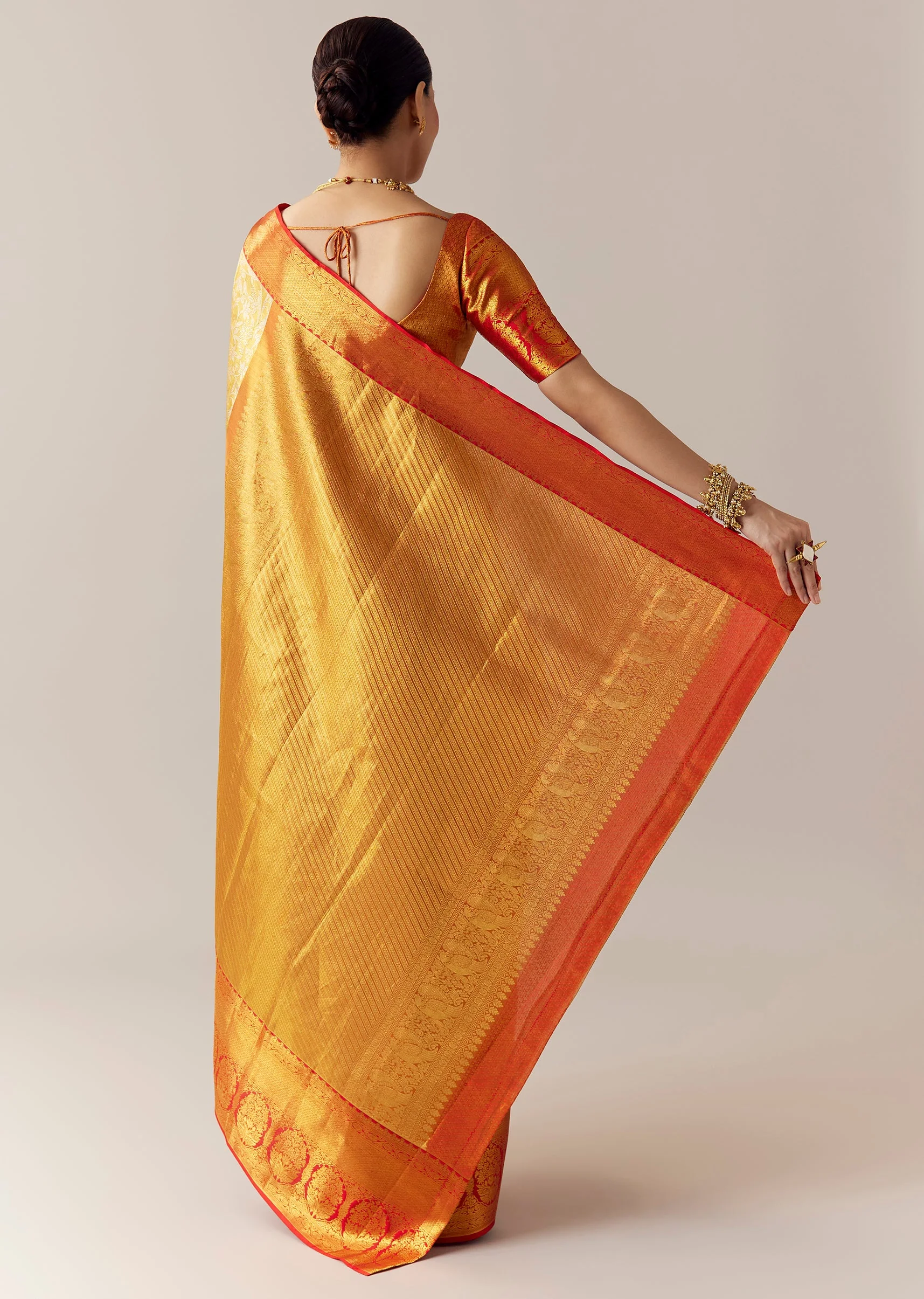 Gold Silk Kanjivaram Saree with Unstitched Blouse - Image 4