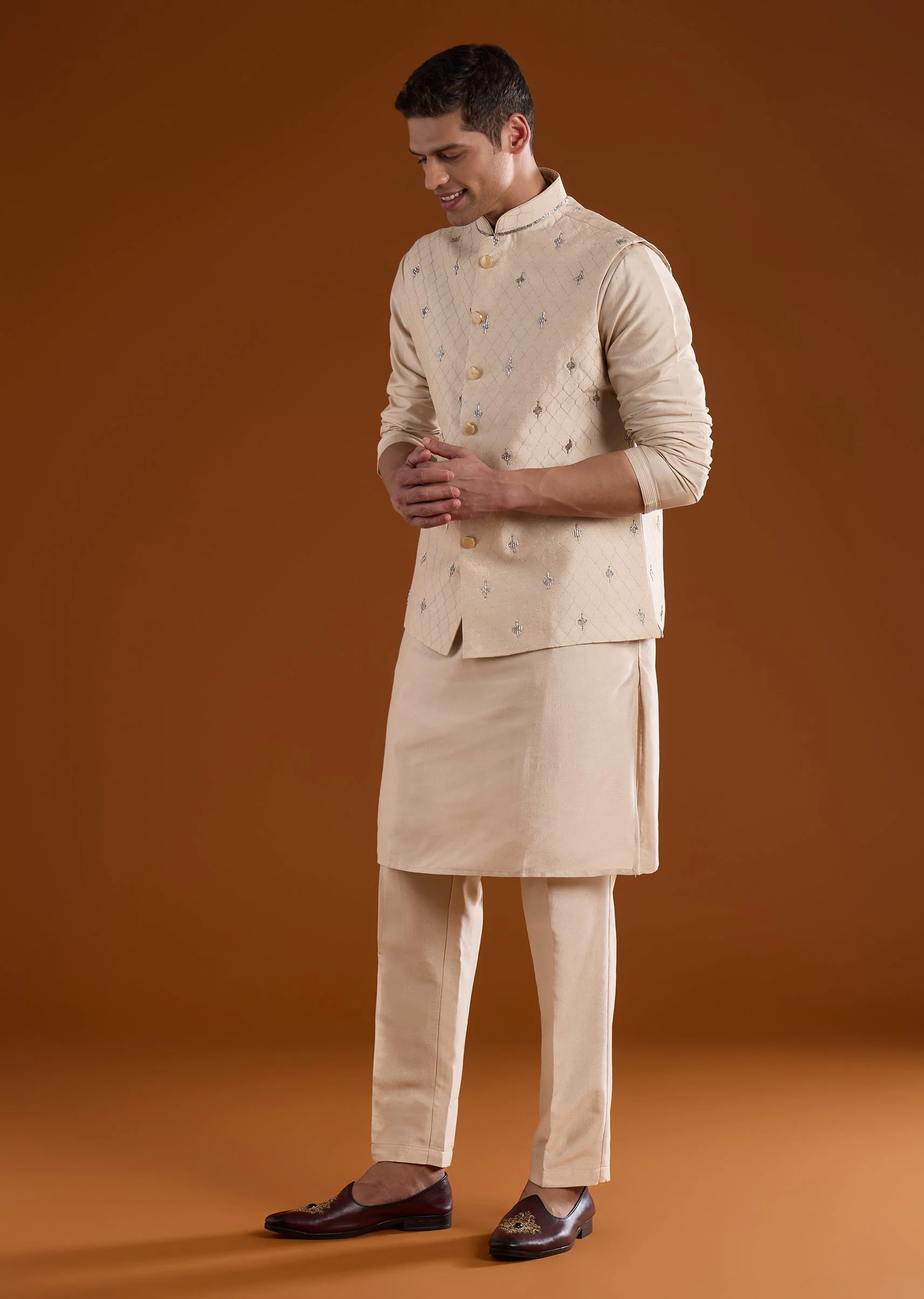 Gold Silk Mens Kurta Jacket Set With Thread Metal And Bead Work
