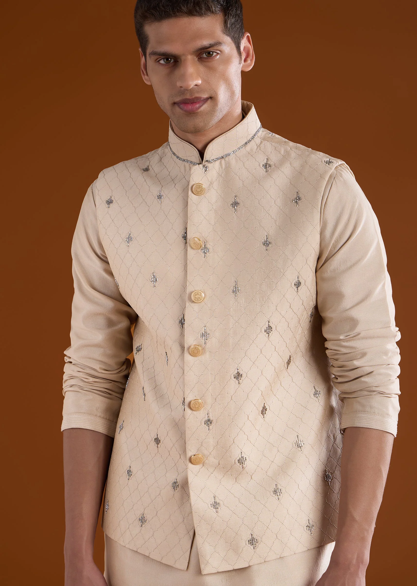 Gold Silk Mens Kurta Jacket Set With Thread Metal And Bead Work - Image 2