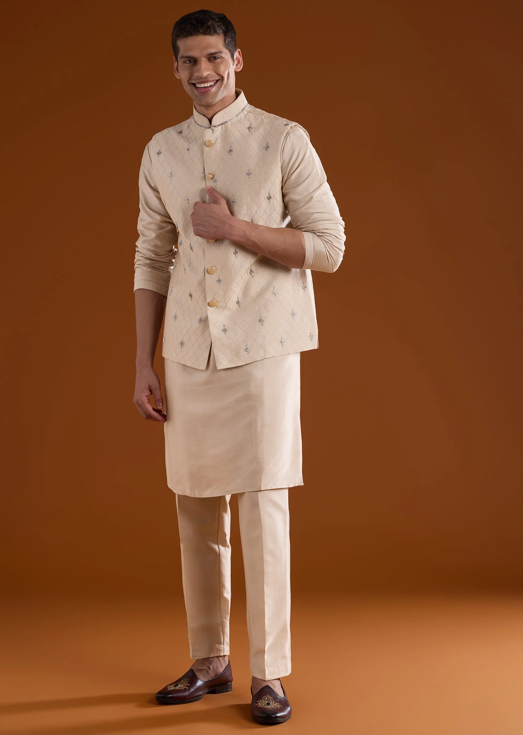 Gold Silk Mens Kurta Jacket Set With Thread Metal And Bead Work - Image 3
