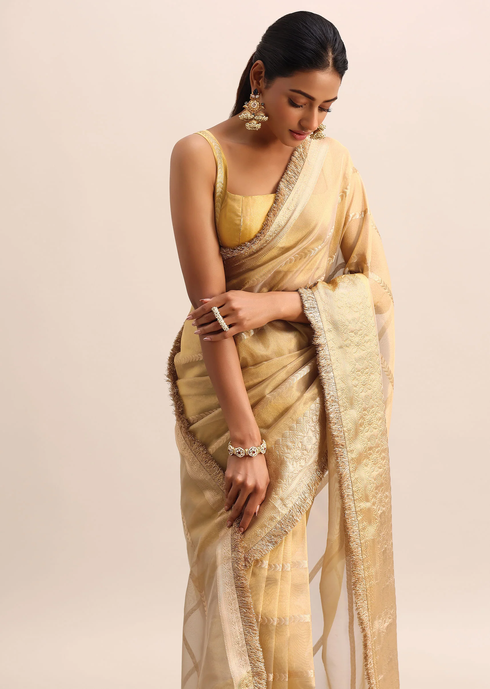 Gold Silk Saree With Zari Woven Border And Zari Frill With Unstitched Blouse - Image 5