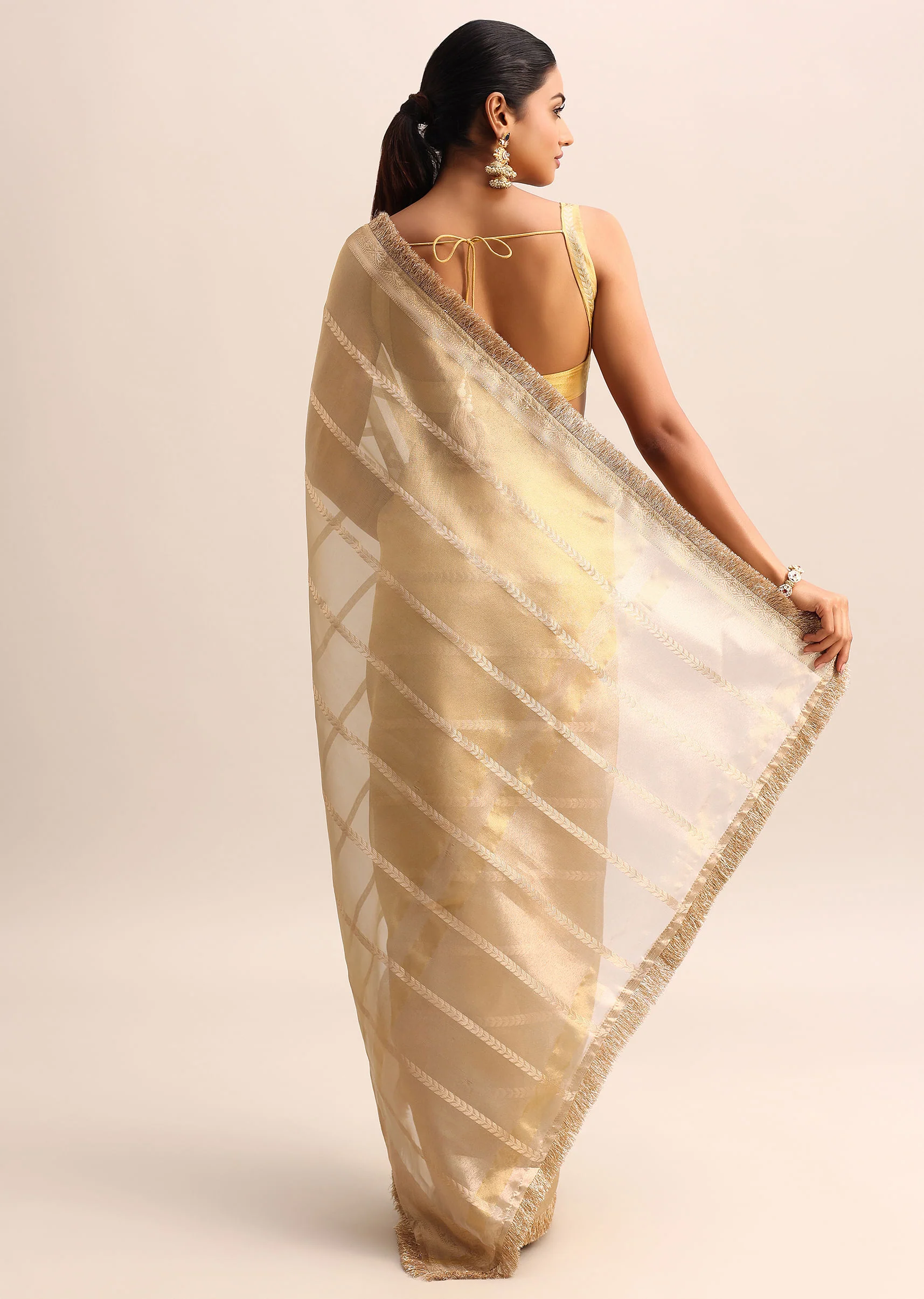 Gold Silk Saree With Zari Woven Border And Zari Frill With Unstitched Blouse - Image 6