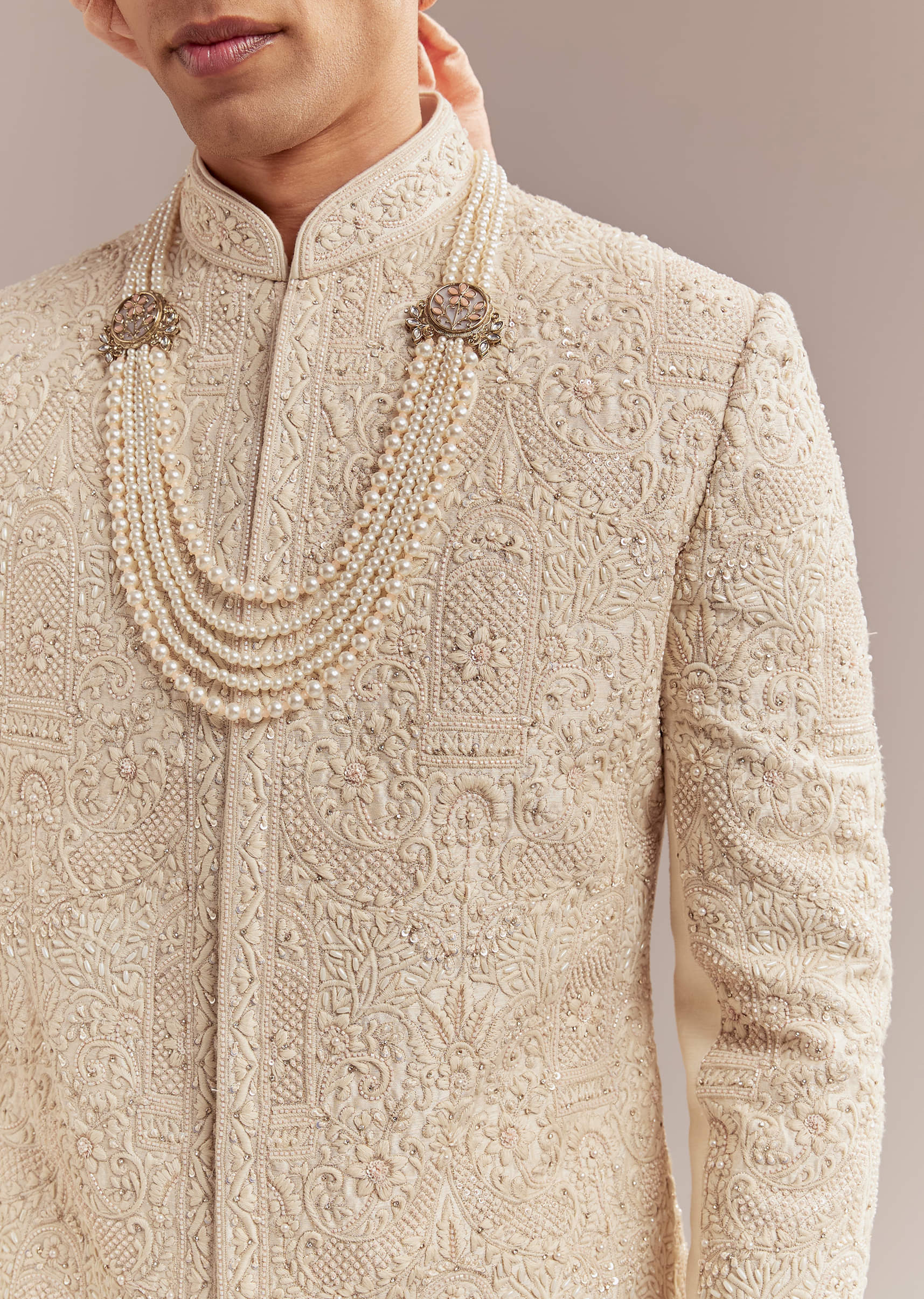 Gold Silk Sherwani For Groom With Heavy Hand Work - Image 2