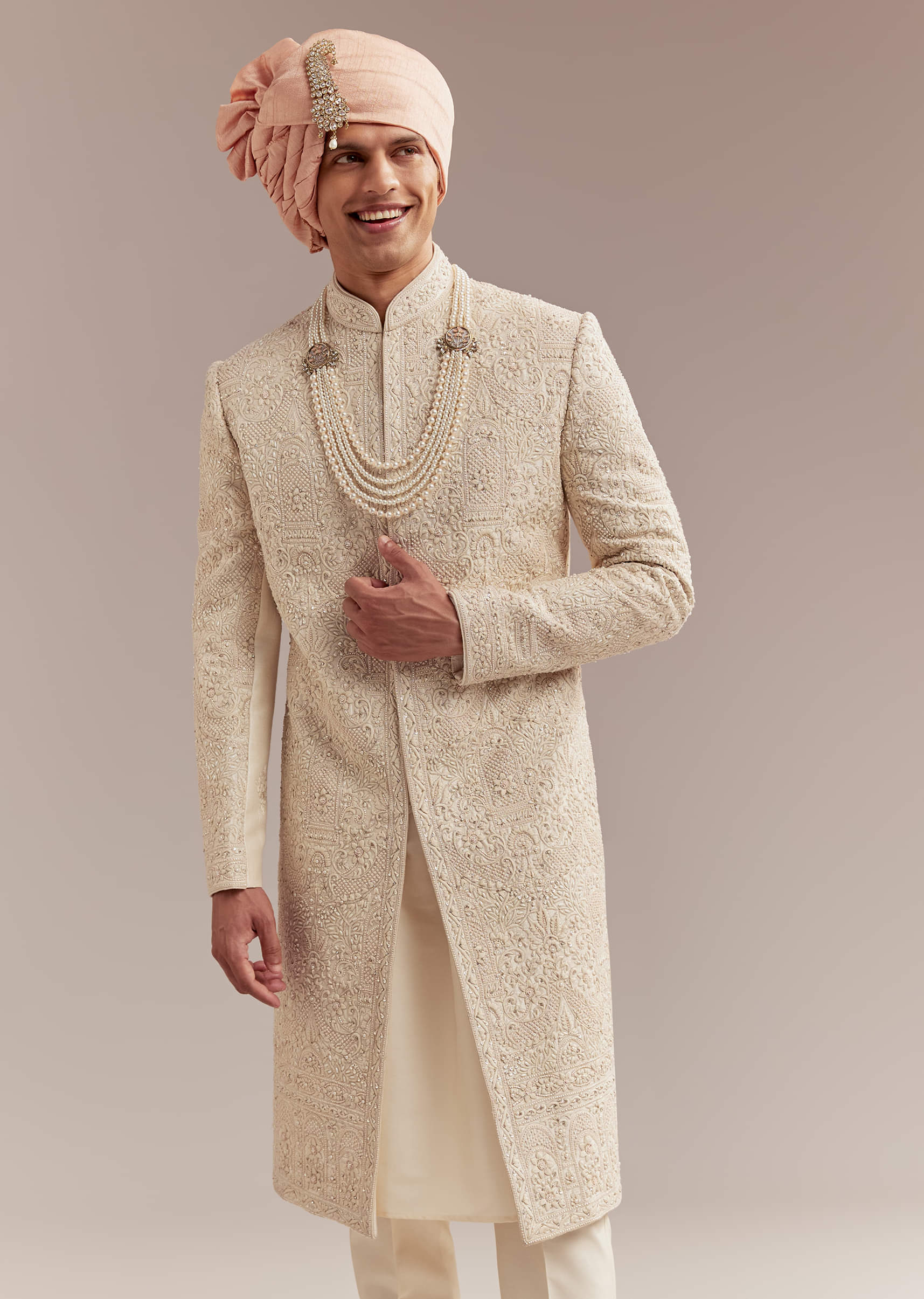 Gold Silk Sherwani For Groom With Heavy Hand Work - Image 4