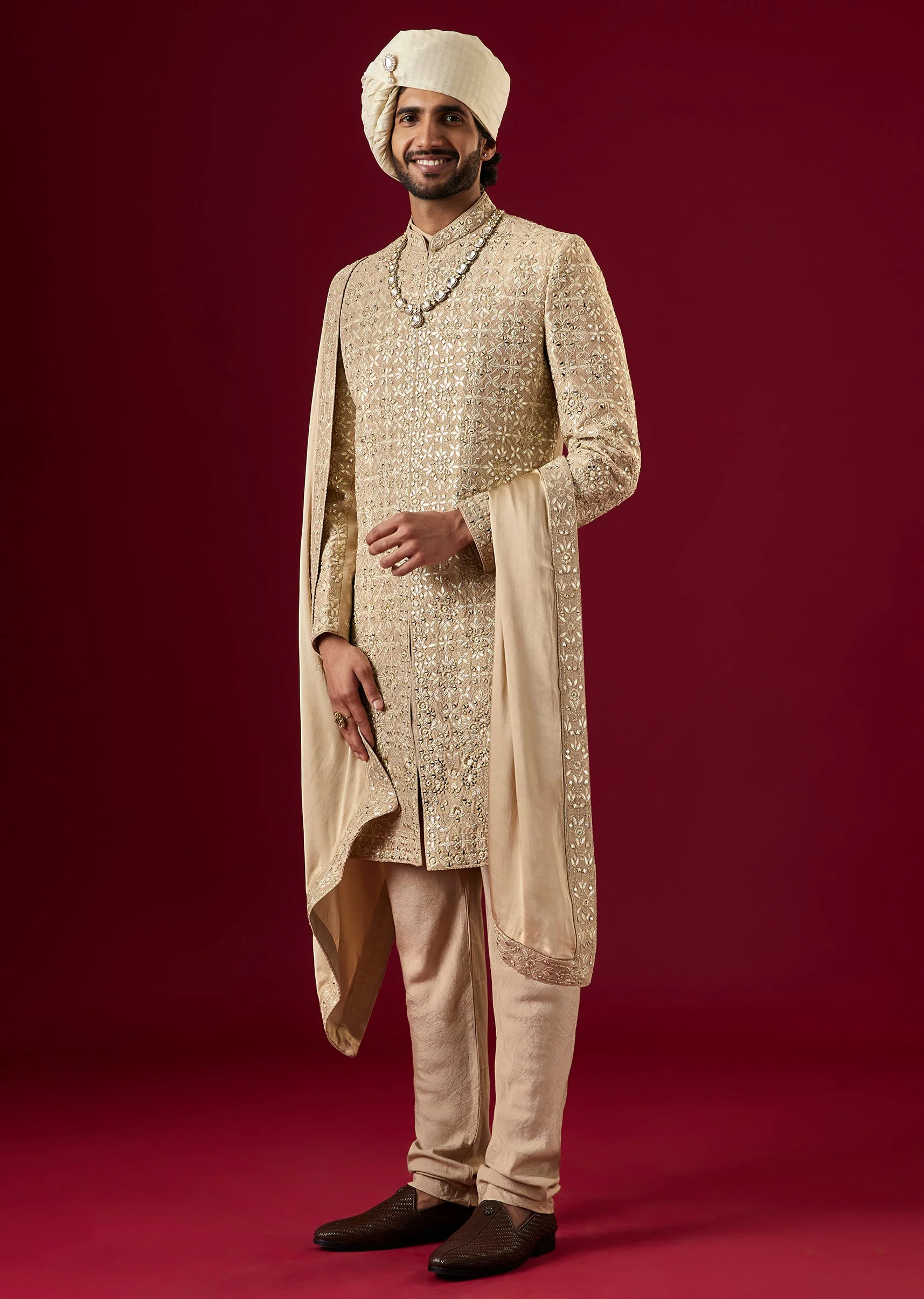 Gold Silk Sherwani Set With Mirror Dori Work