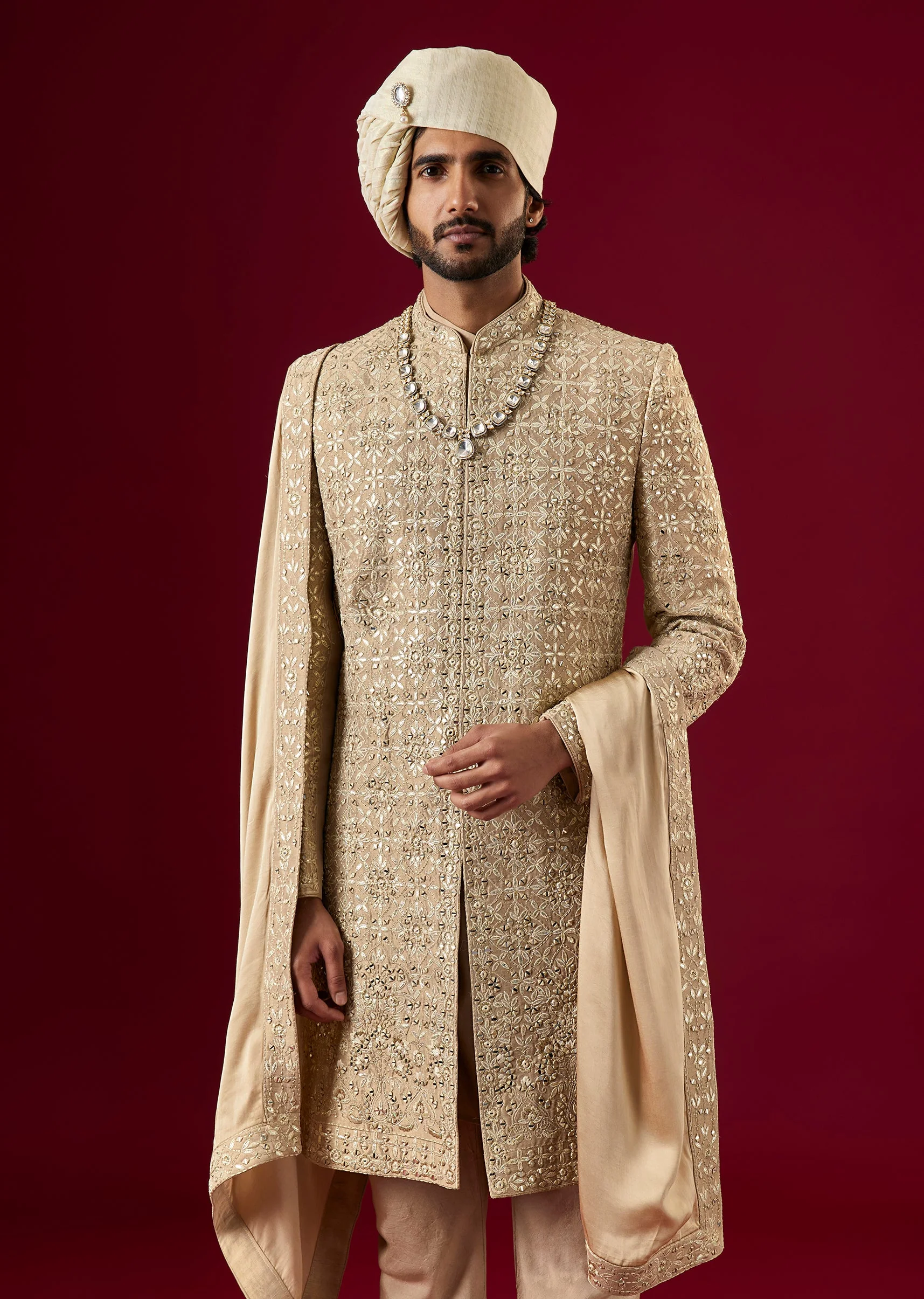 Gold Silk Sherwani Set With Mirror Dori Work - Image 2