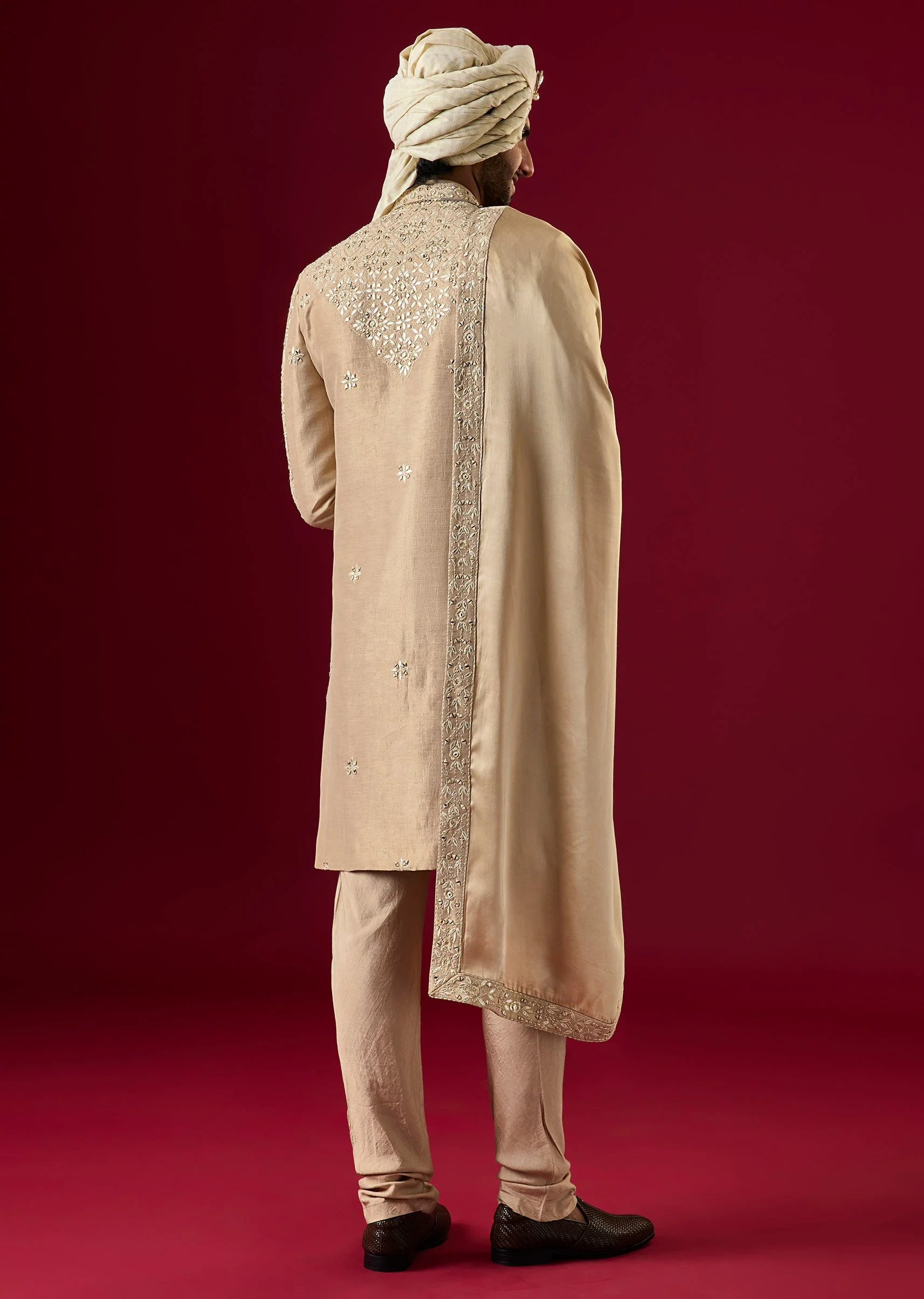 Gold Silk Sherwani Set With Mirror Dori Work - Image 6