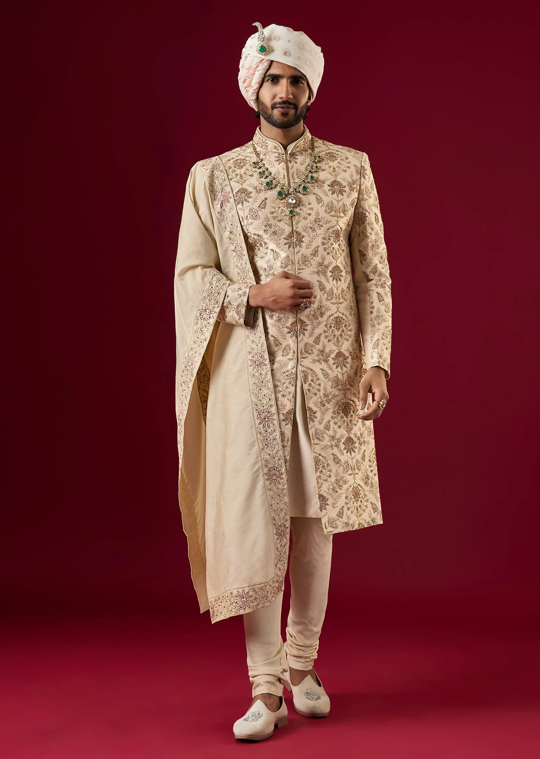 Gold Silk Sherwani Set With Zari And Zardosi Work - Image 3