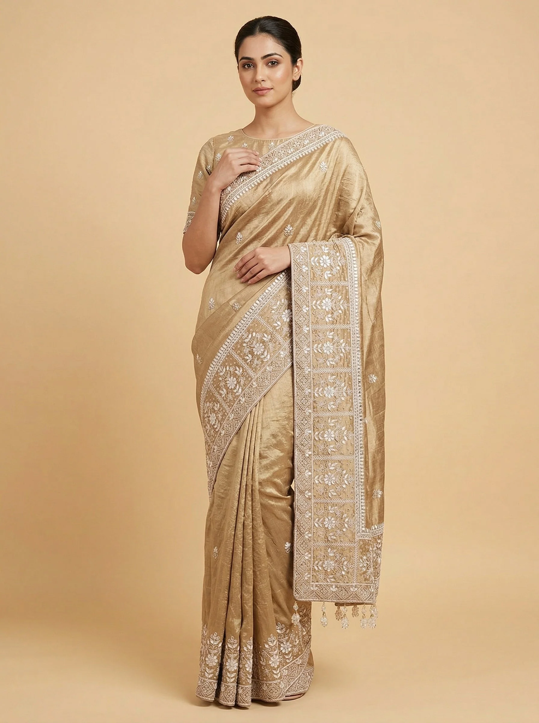 Gold Silver Contrast Embroidered Saree