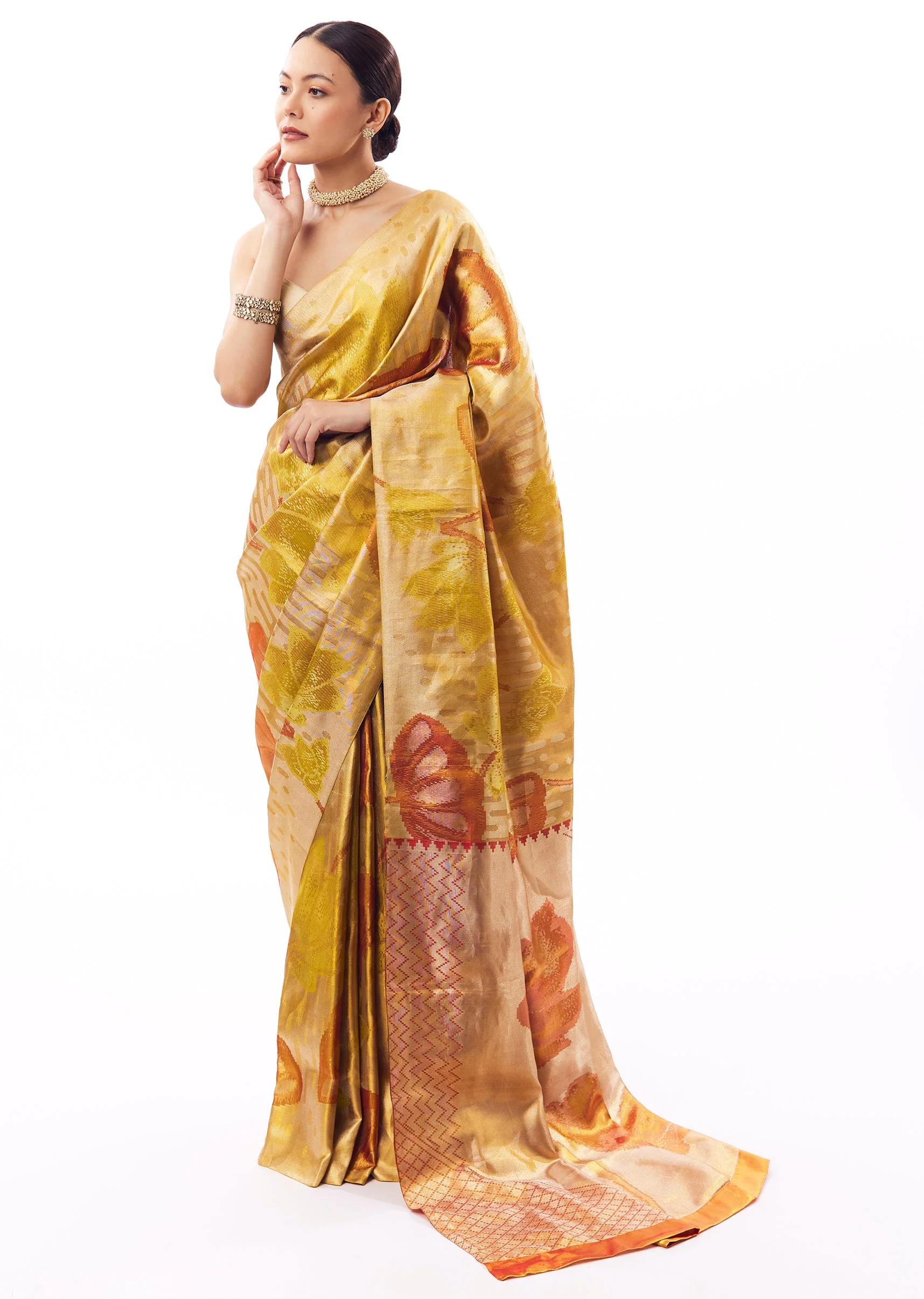 Gold South Silk Floral Woven Saree With Coral Floral Weave