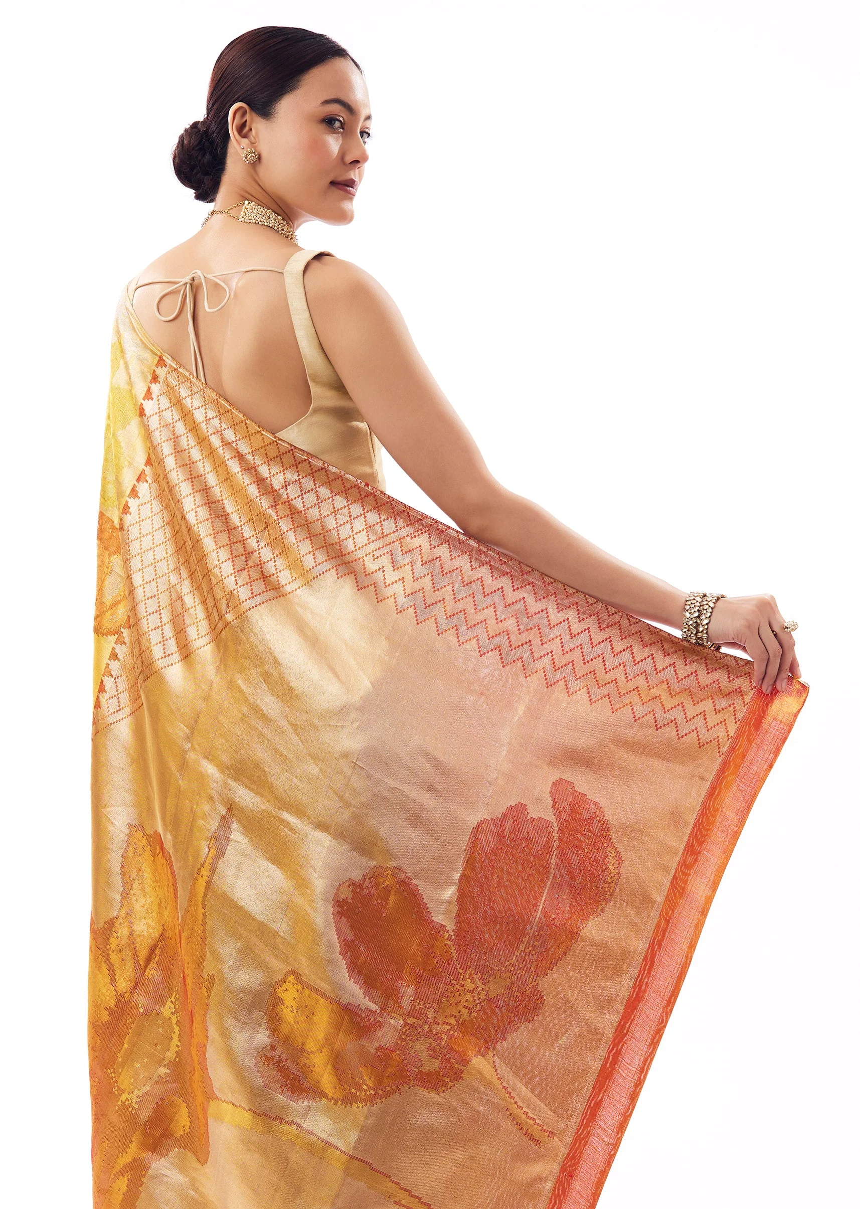 Gold South Silk Floral Woven Saree With Coral Floral Weave - Image 6