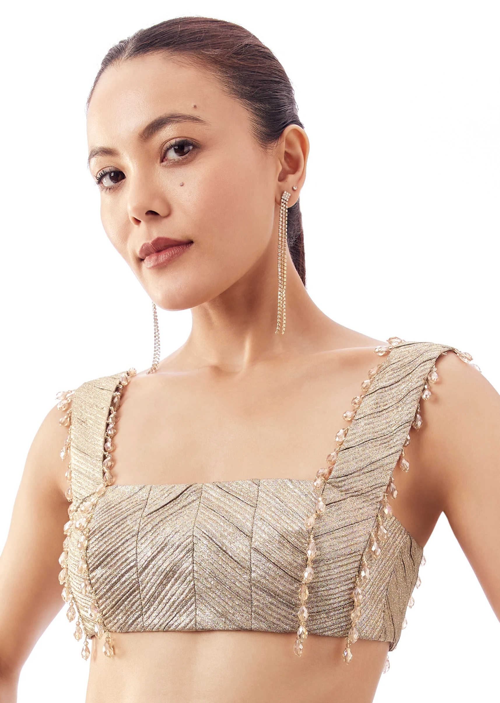 Gold Square Neck Crushed Blouse With Shoulder Patti - Image 2