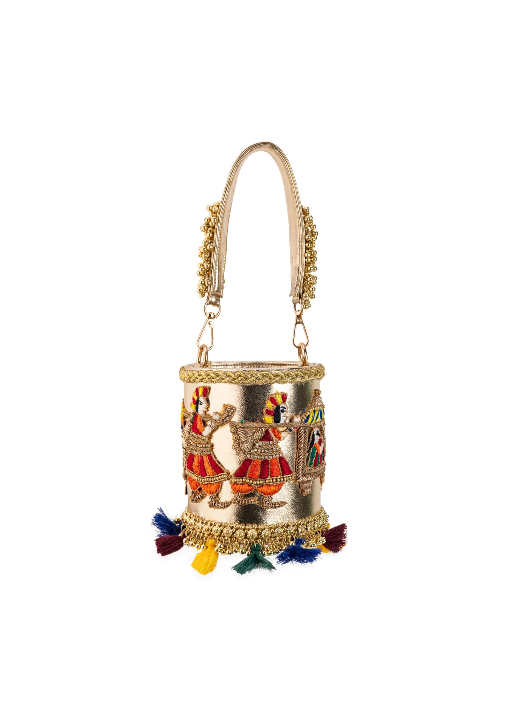 Gold Tassel Drop Embroidered Potli Bucket Bag - Image 2