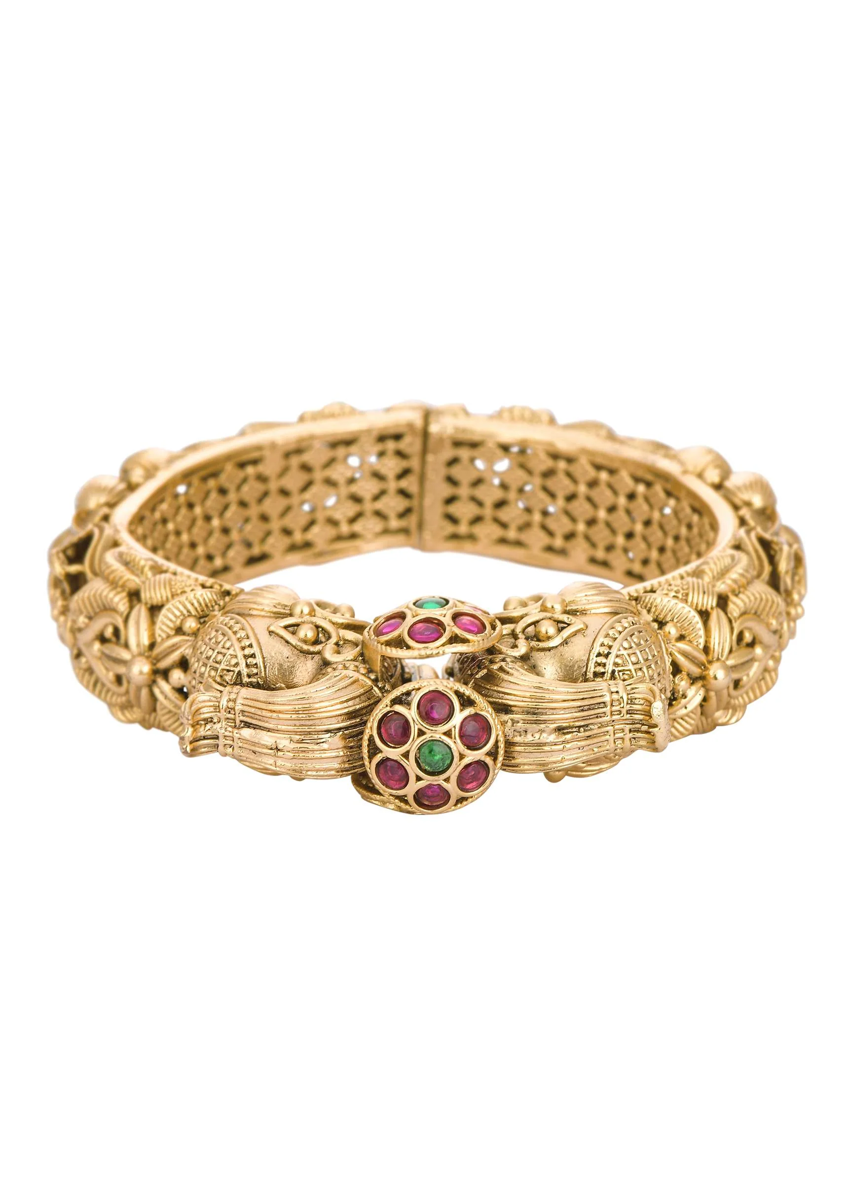 Gold Temple Bangle With Kundan (Set of 2) - Image 2