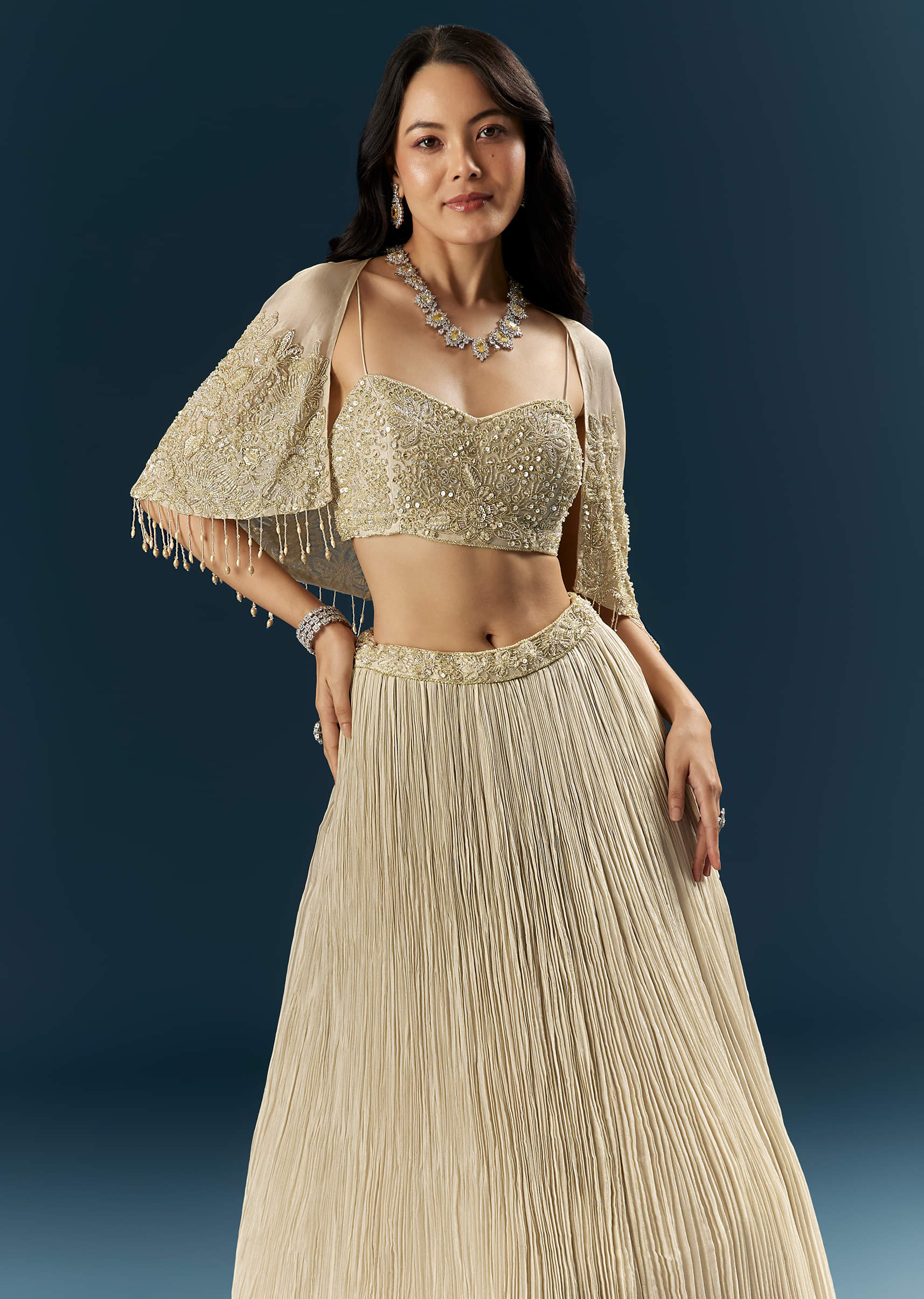 Gold Tissue Bridesmaid Lehenga With Cutdana And Beads Embroidery - Image 5
