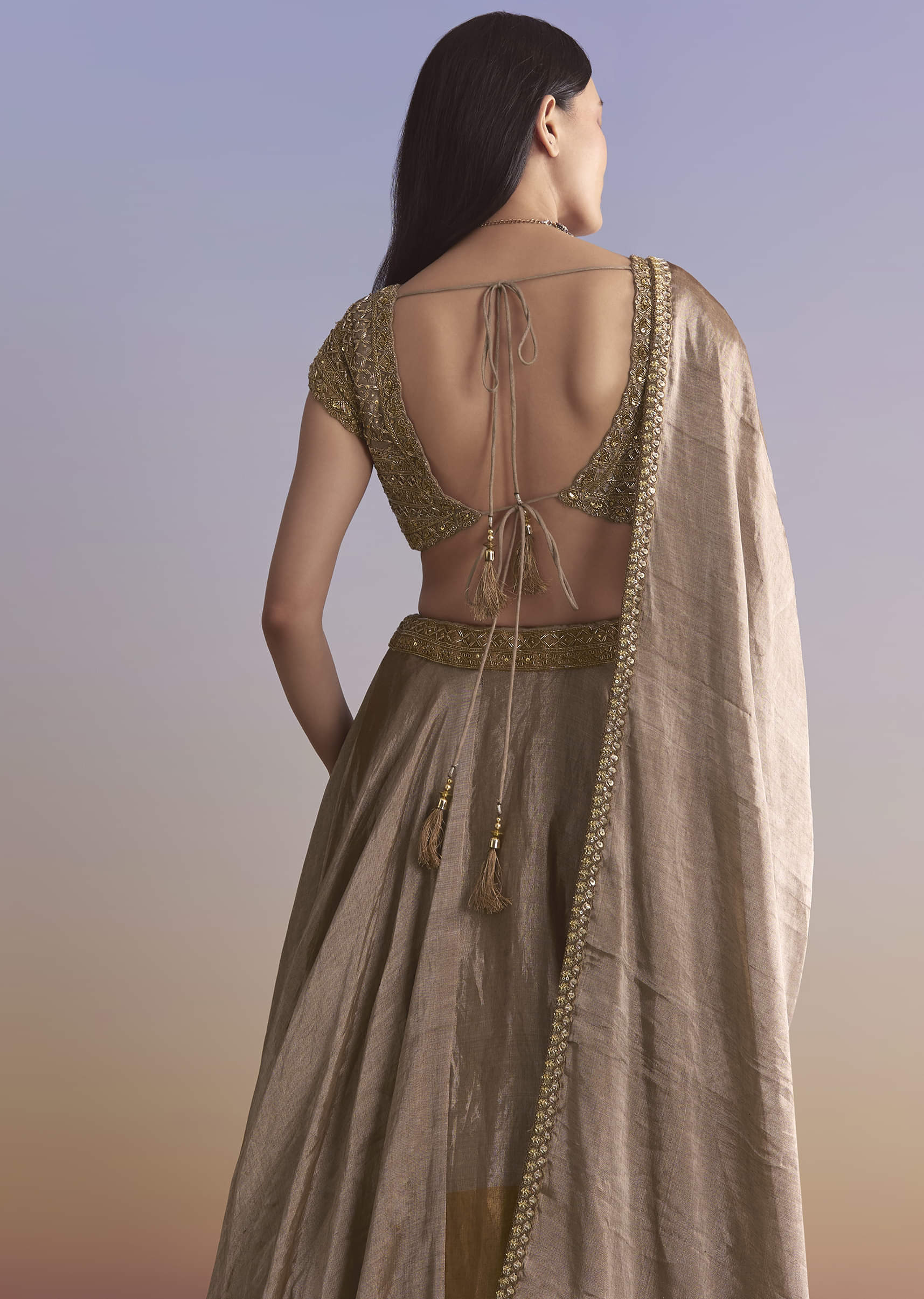 Gold Tissue Bridesmaid Lehenga With Zardosi Embroidery - Image 6