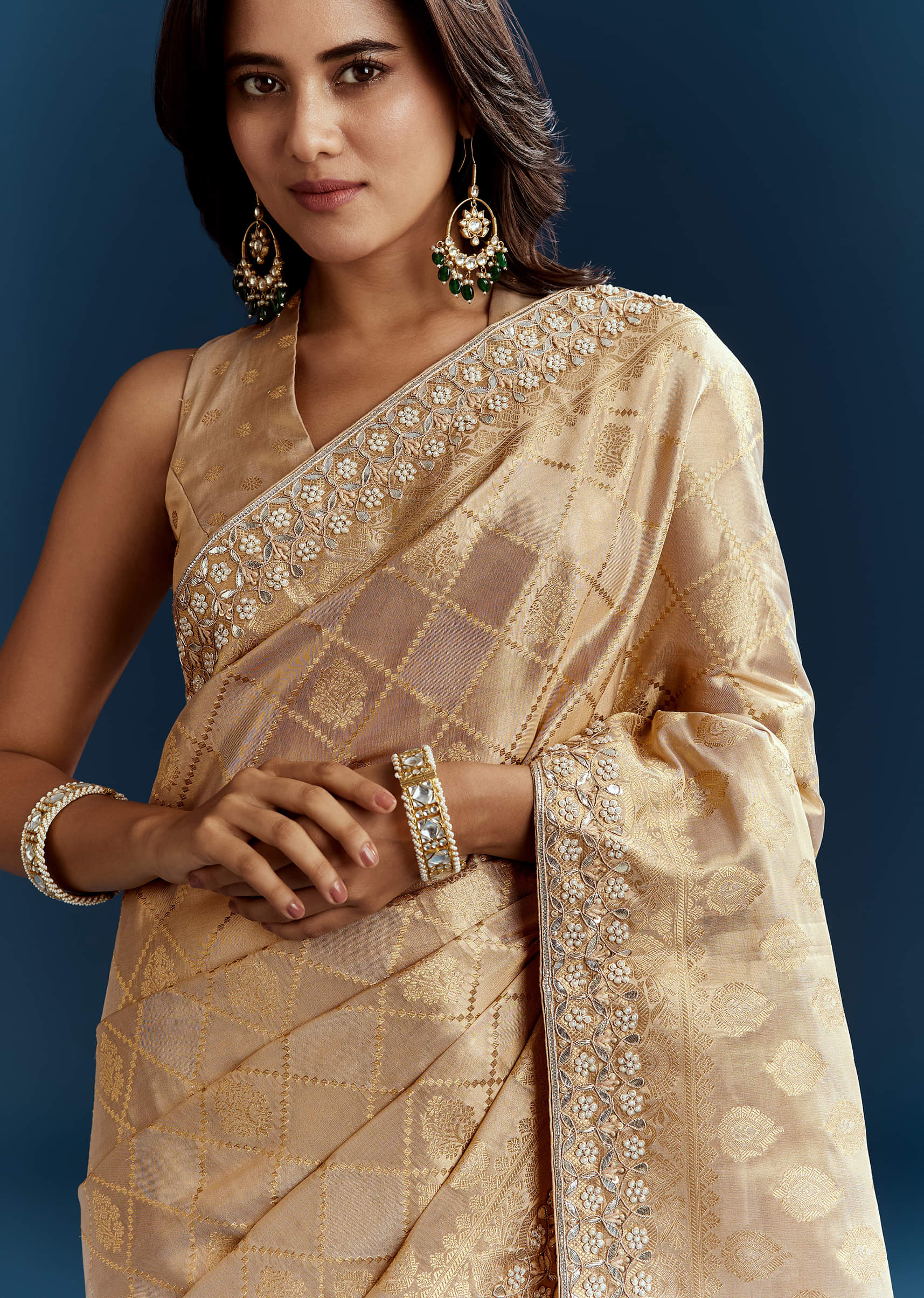 Gold Tissue Brocade Saree With Tassels And Gota Patti Moti Embroidery - Image 2