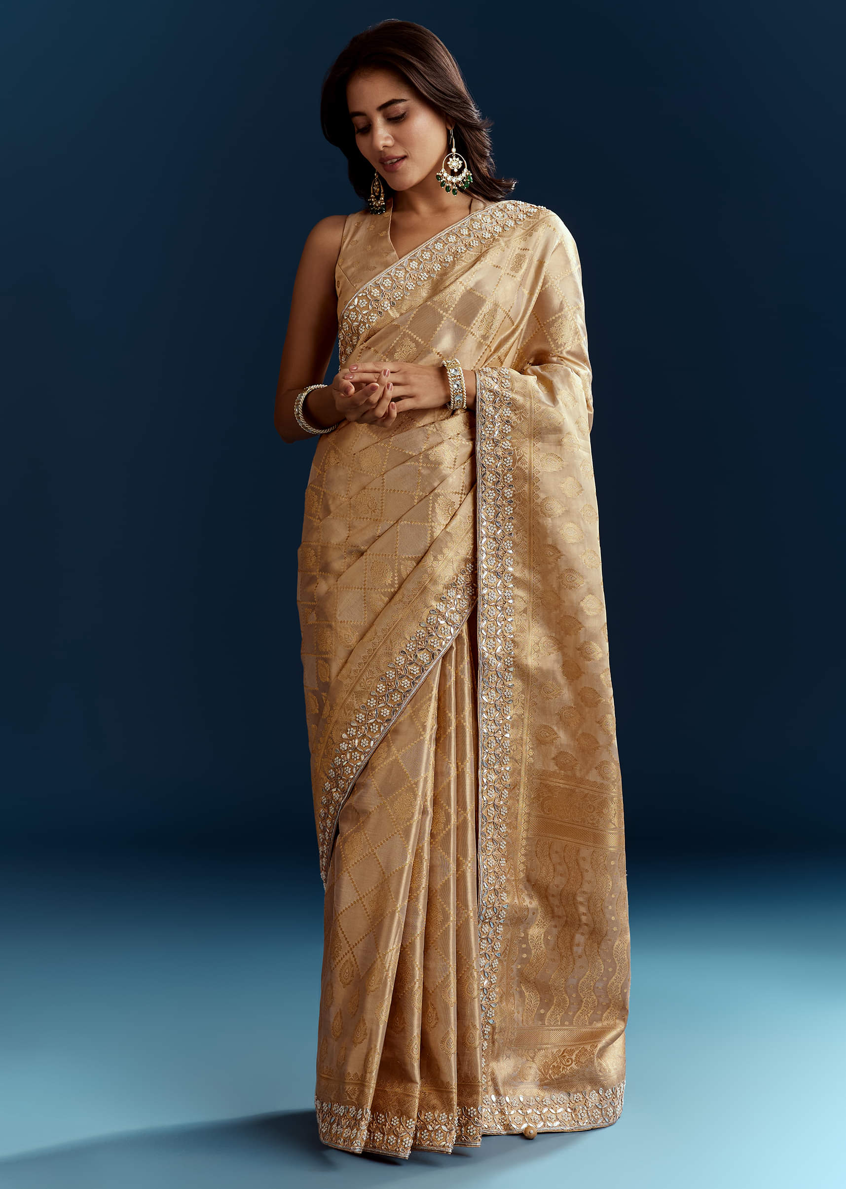 Gold Tissue Brocade Saree With Tassels And Gota Patti Moti Embroidery - Image 3