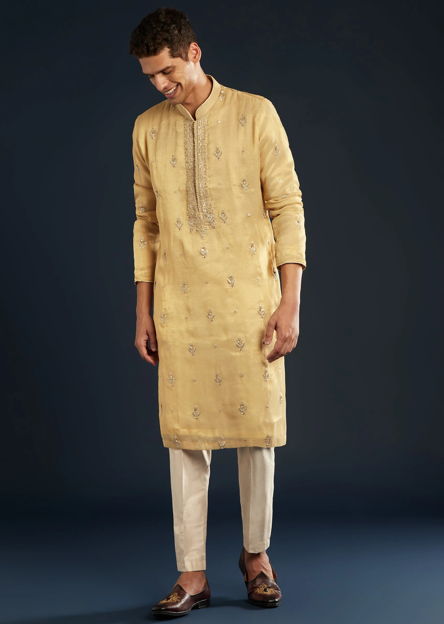 Gold Tissue Kurta Set With Sequin Embroidery - Image 4