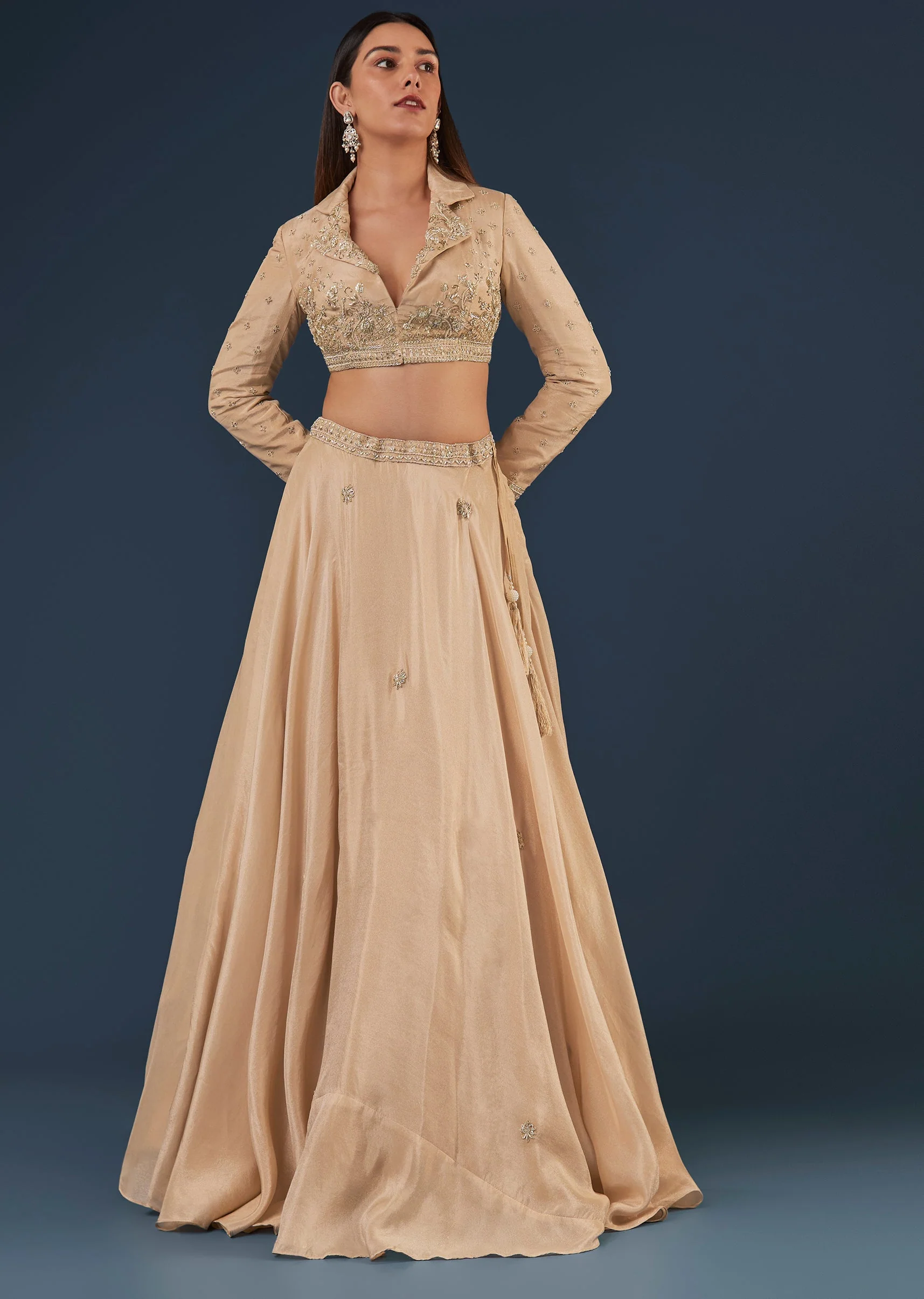 Gold Tissue Lehenga Set With Full Sleeve Embellished Blouse Jacket