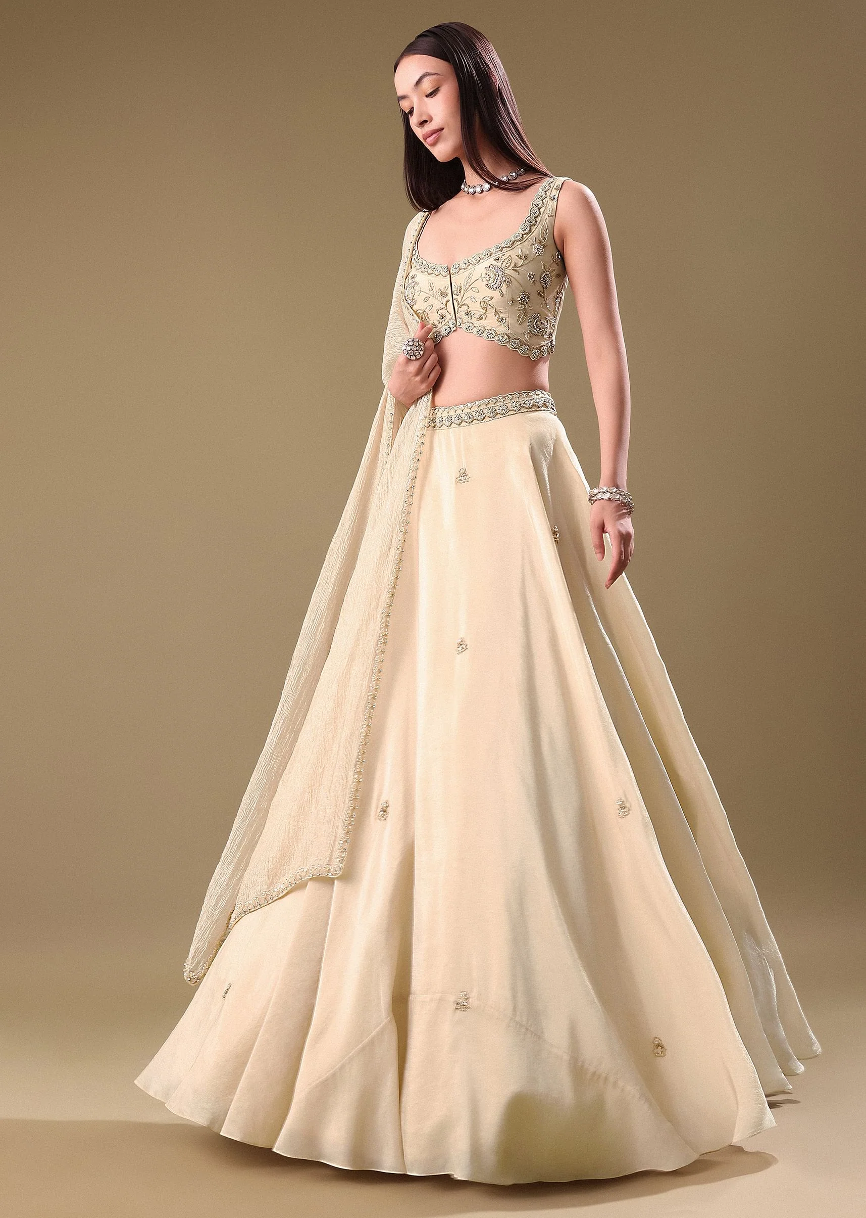Gold Tissue Lehenga With Hand Embroidered Blouse Set - Image 3