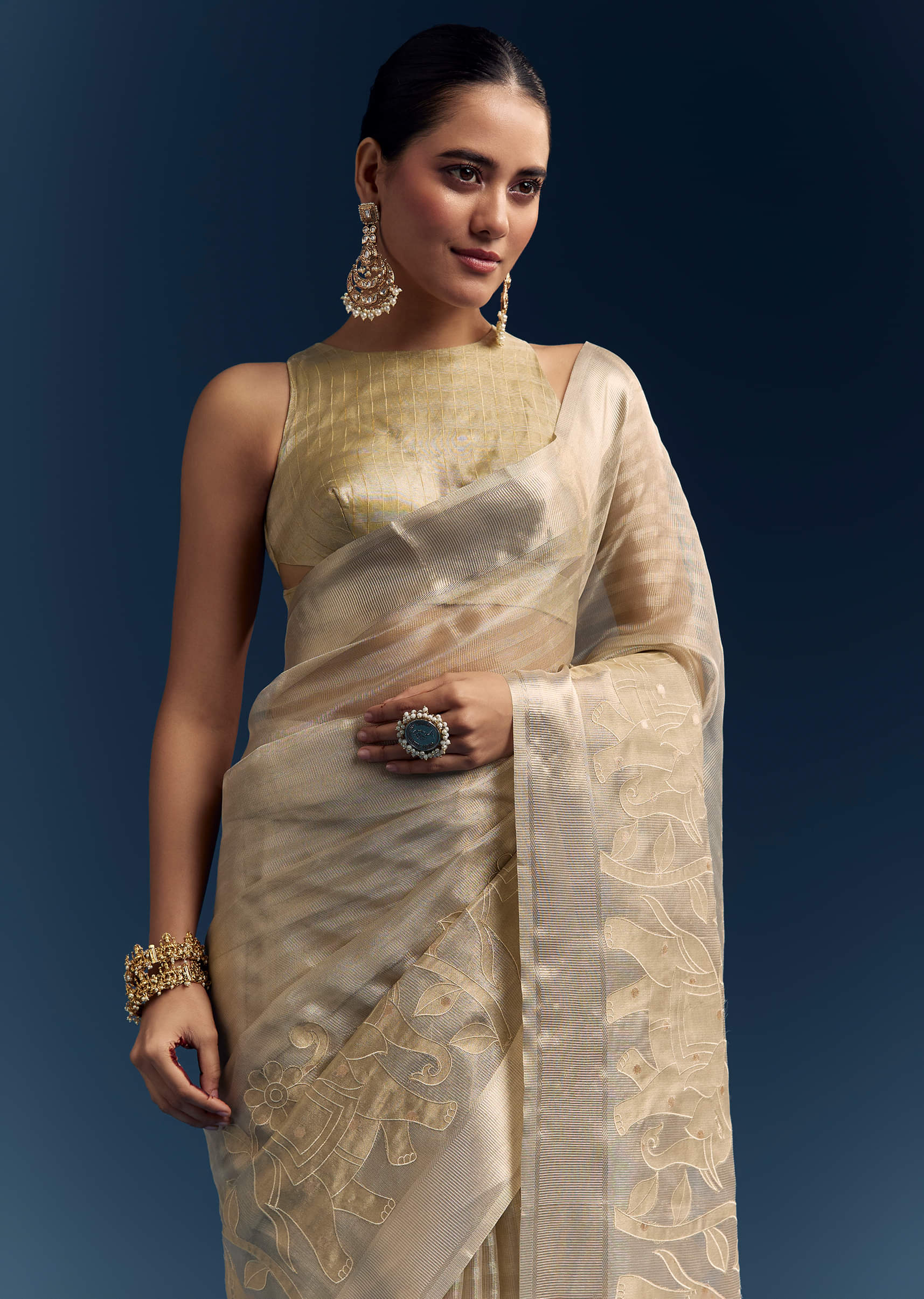 Gold Tissue Organza Saree With Zari And Resham Embroidery - Image 5