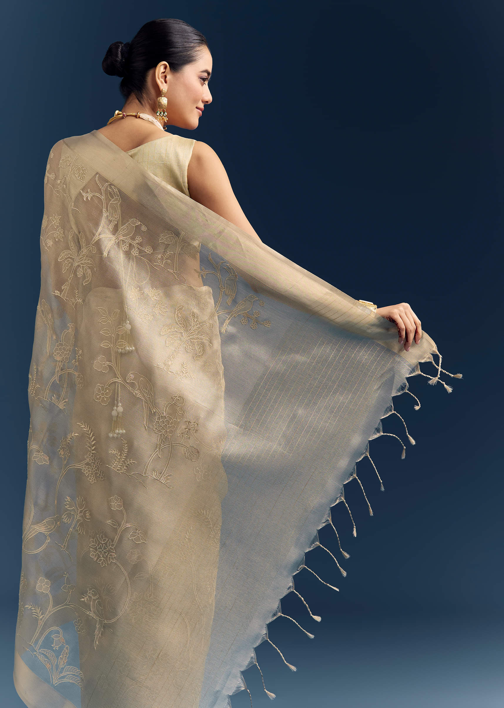 Gold Tissue Organza Saree With Zari And Resham Work - Image 6