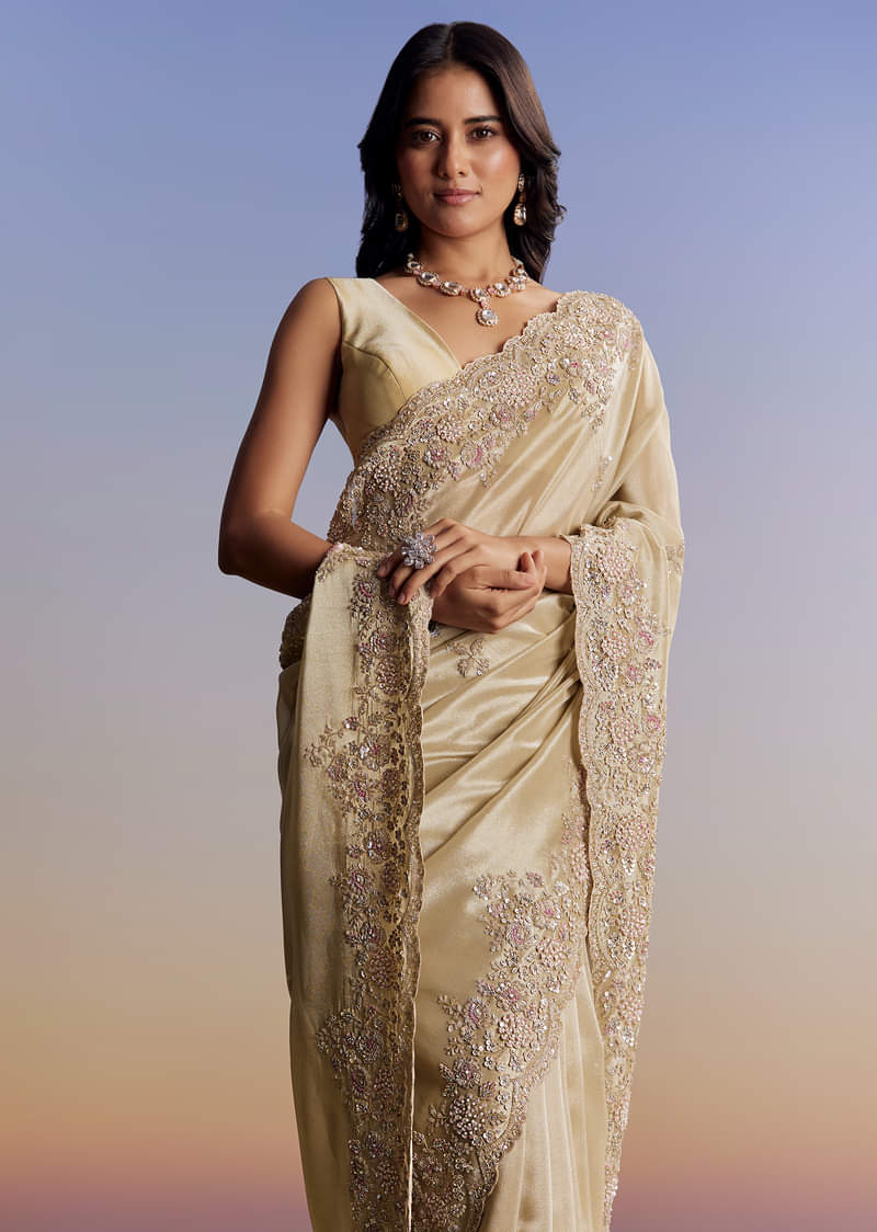 Gold Tissue Saree With Cut Dana Embroidery - Image 5
