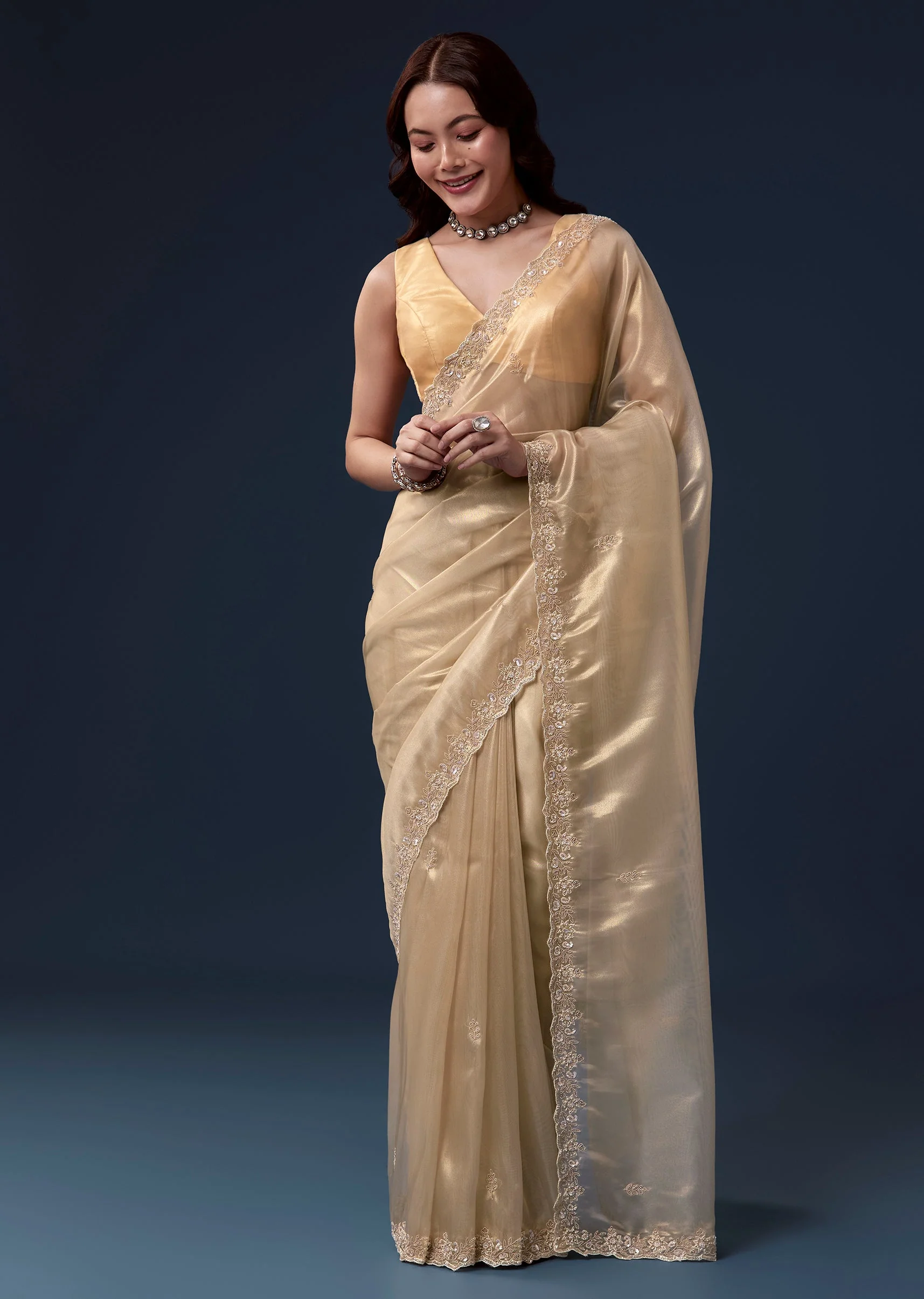 Gold Tissue Saree With Cutdana Beads Sequins And Zardosi Work
