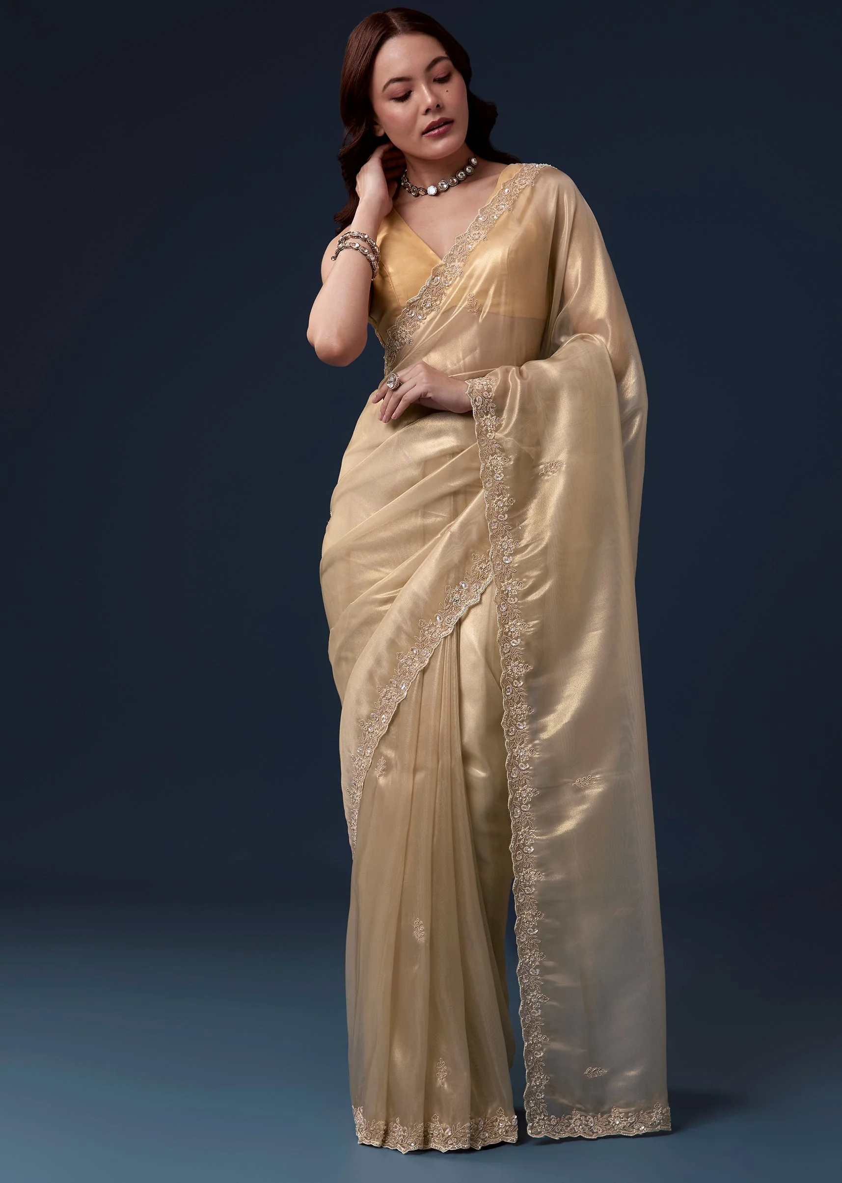 Gold Tissue Saree With Cutdana Beads Sequins And Zardosi Work - Image 3