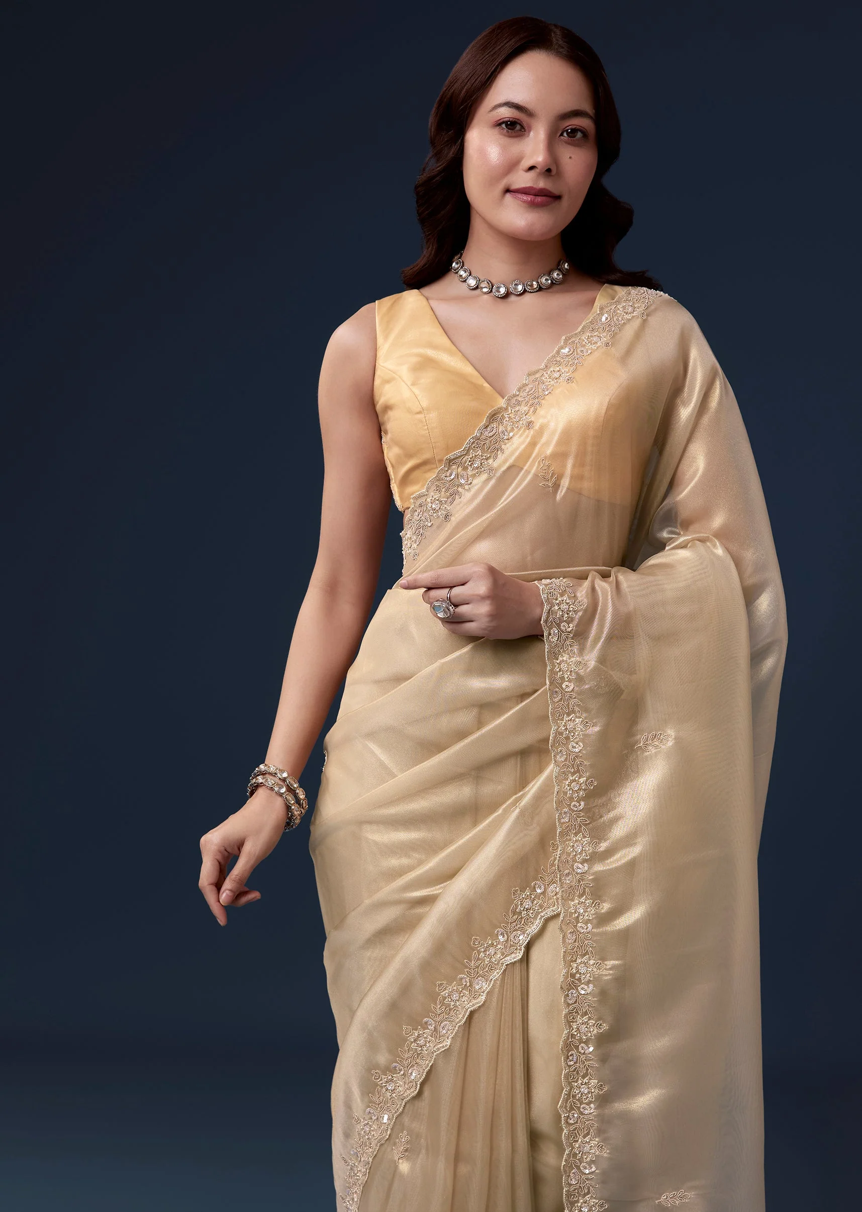 Gold Tissue Saree With Cutdana Beads Sequins And Zardosi Work - Image 5