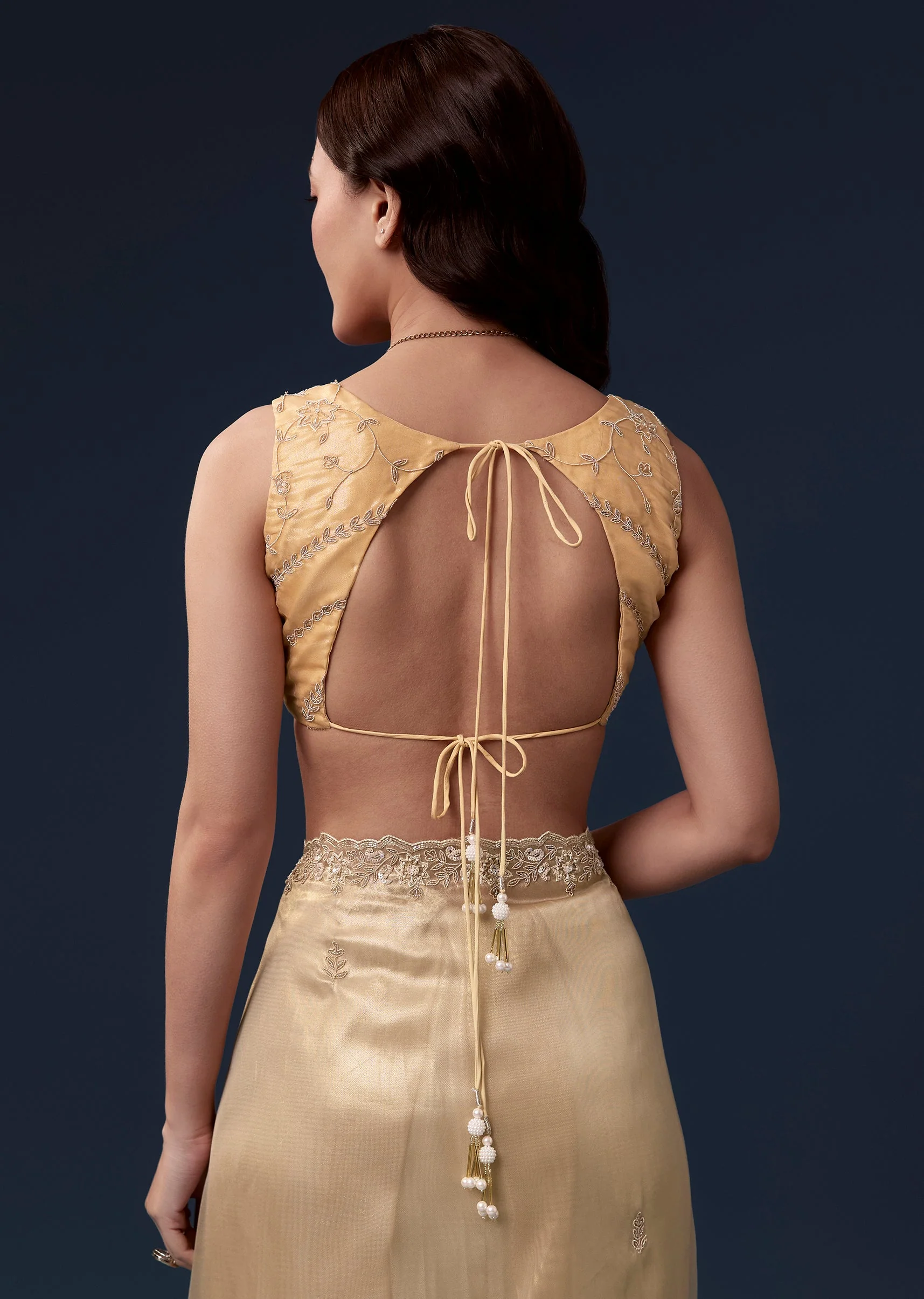 Gold Tissue Saree With Cutdana Beads Sequins And Zardosi Work - Image 8