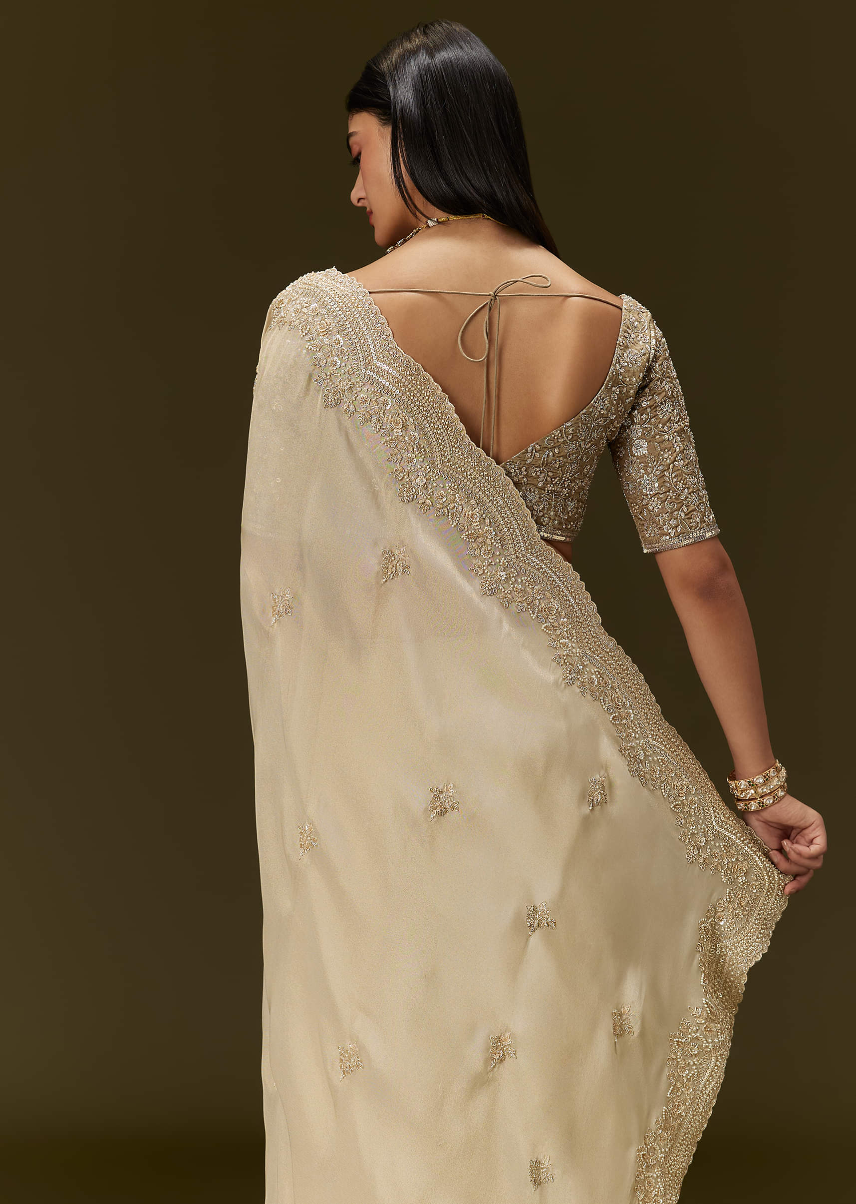 Gold Tissue Saree With Embroidered Brocade Blouse - Image 4