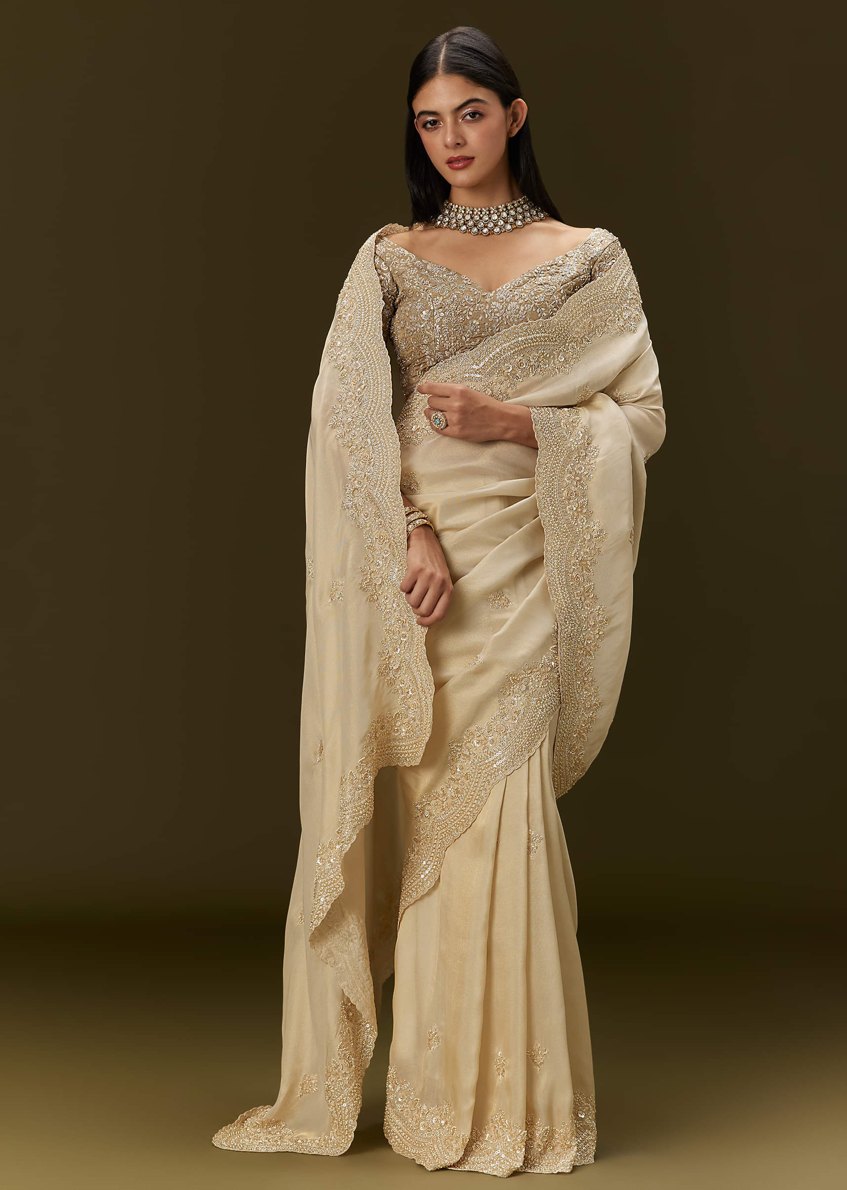 Gold Tissue Saree With Embroidered Brocade Blouse - Image 5