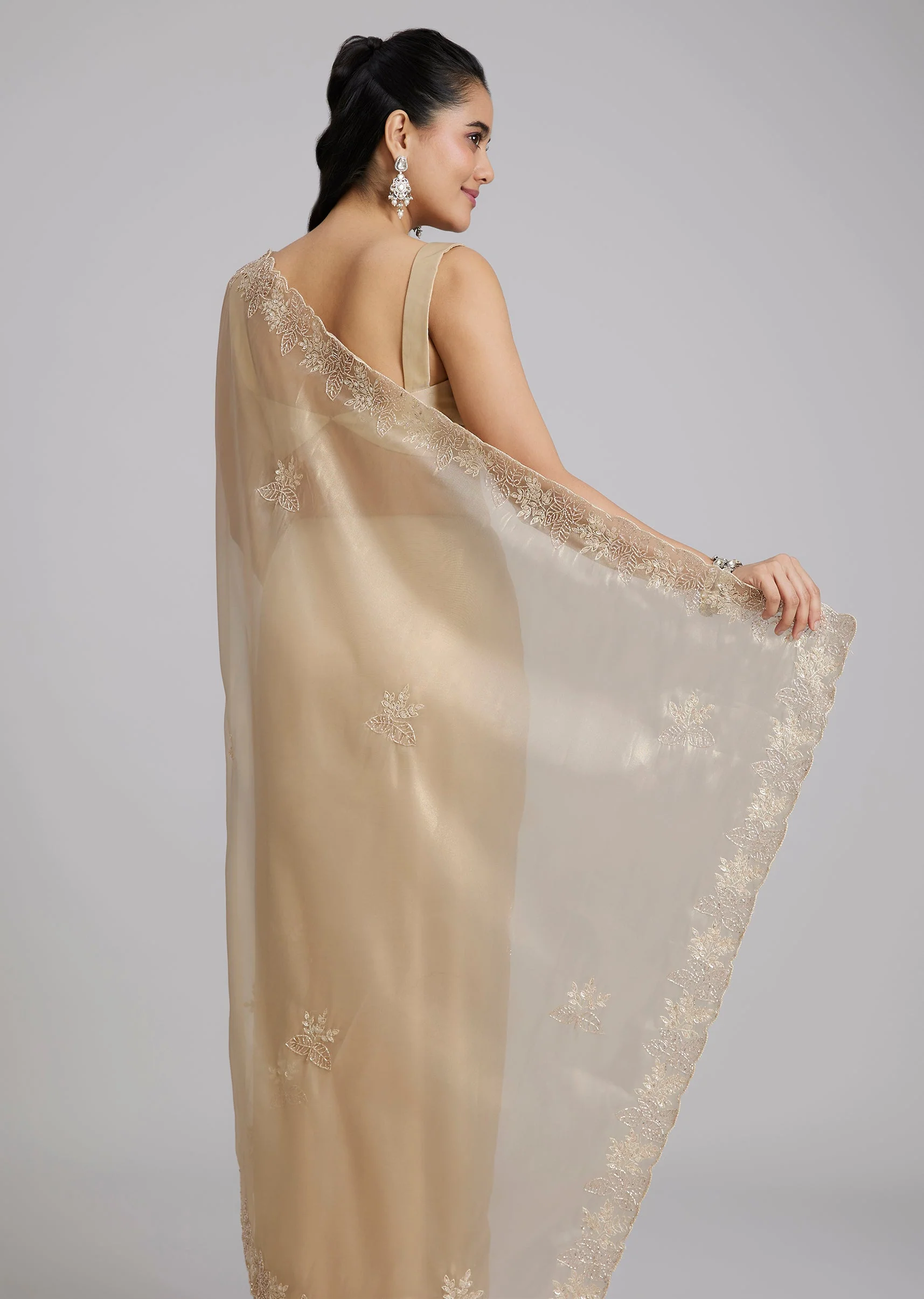 Gold Tissue Saree With Floral Cutwork Border - Image 6