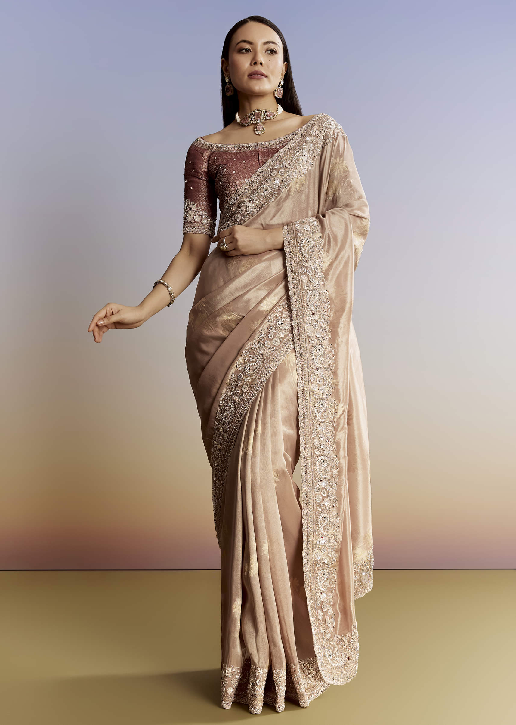 Gold Tissue Saree With Heavy Embroidered Border And Blouse