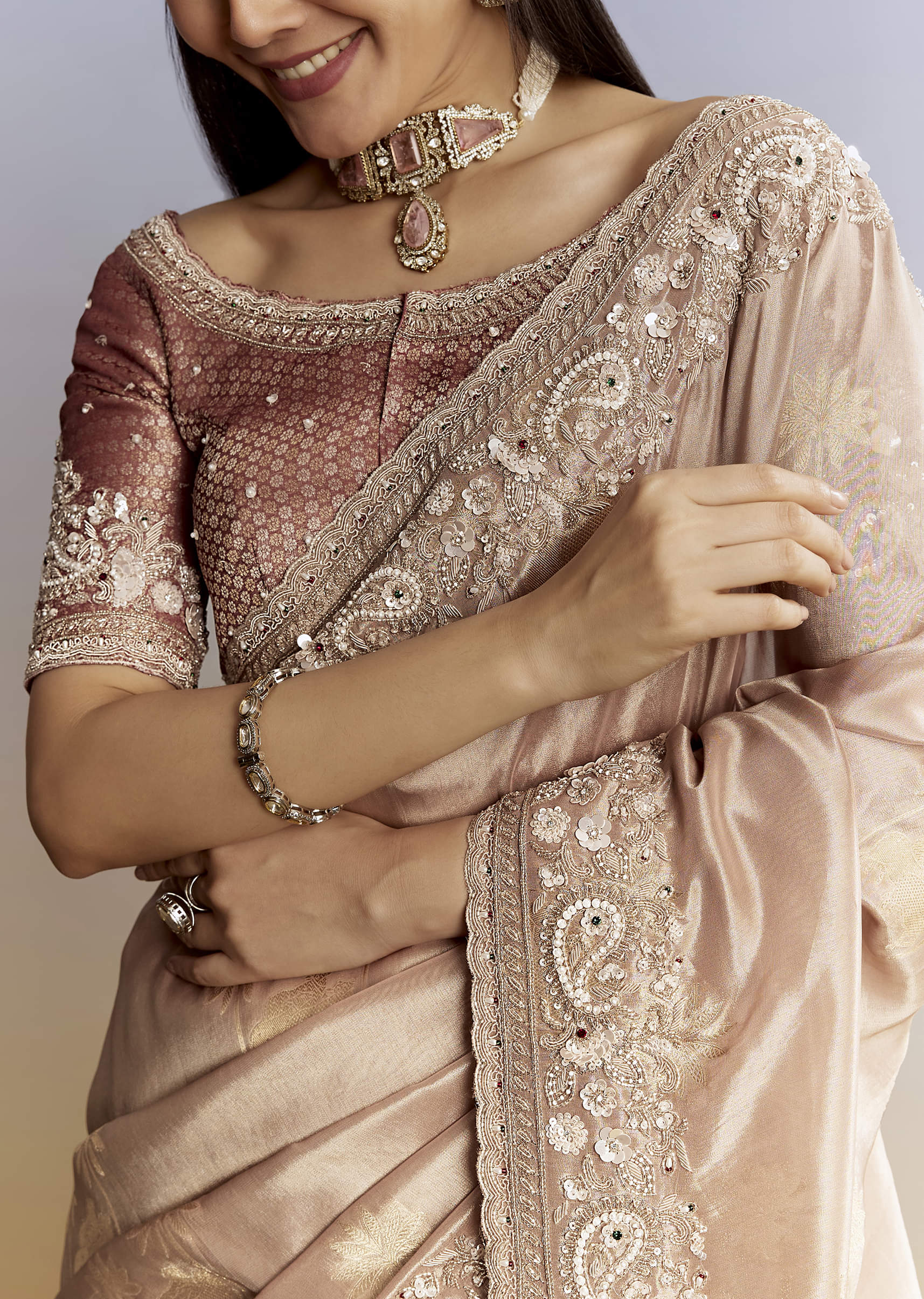 Gold Tissue Saree With Heavy Embroidered Border And Blouse - Image 2