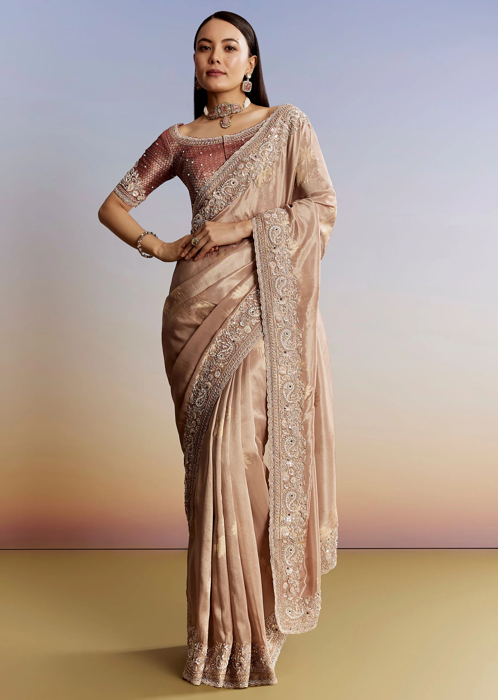 Gold Tissue Saree With Heavy Embroidered Border And Blouse - Image 3