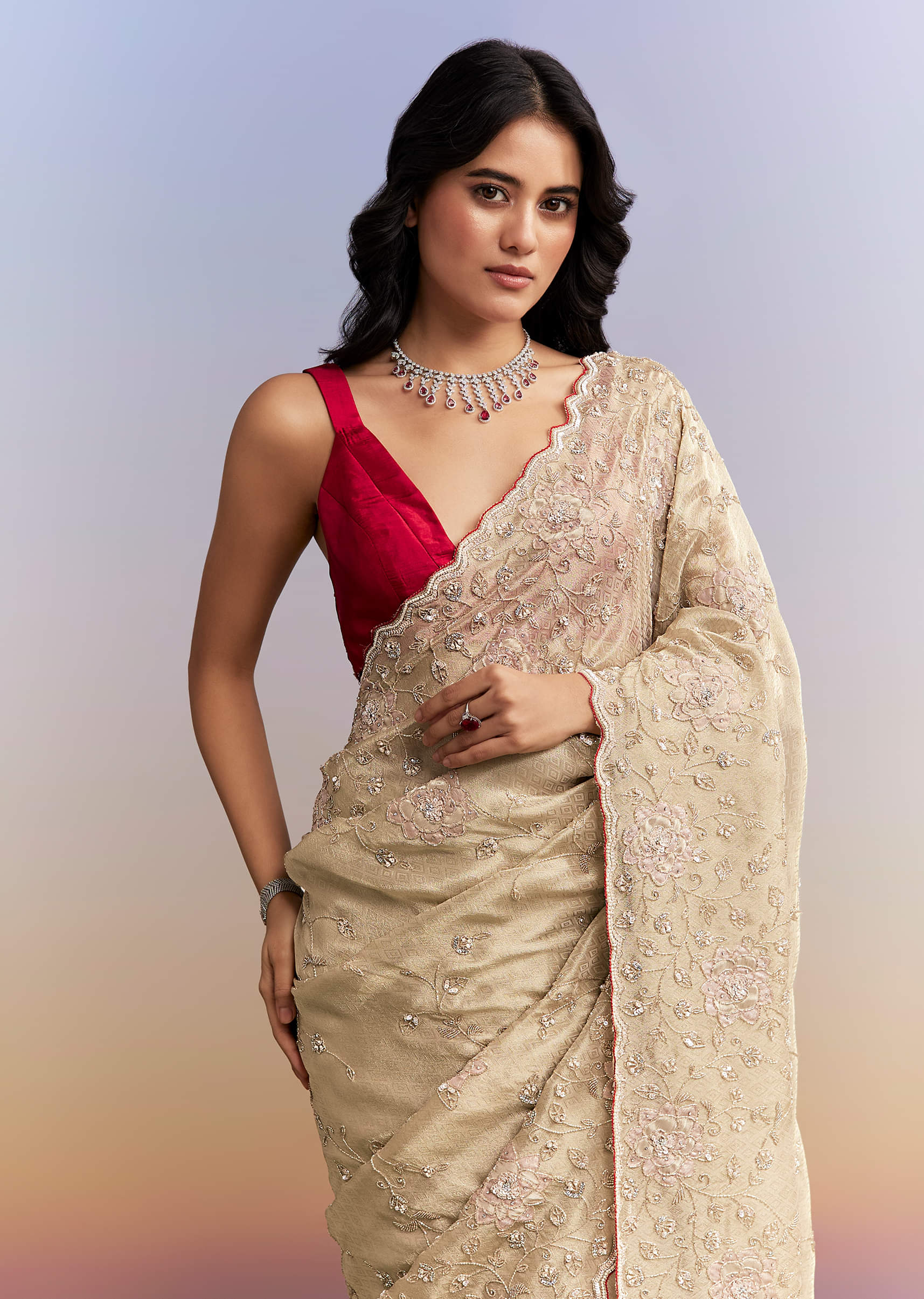 Gold Tissue Saree With Heavy Hand Embroidery - Image 2