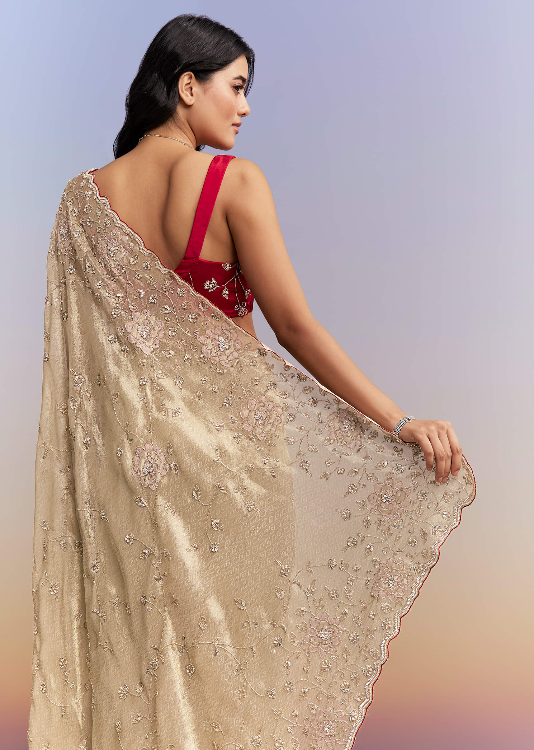 Gold Tissue Saree With Heavy Hand Embroidery - Image 6