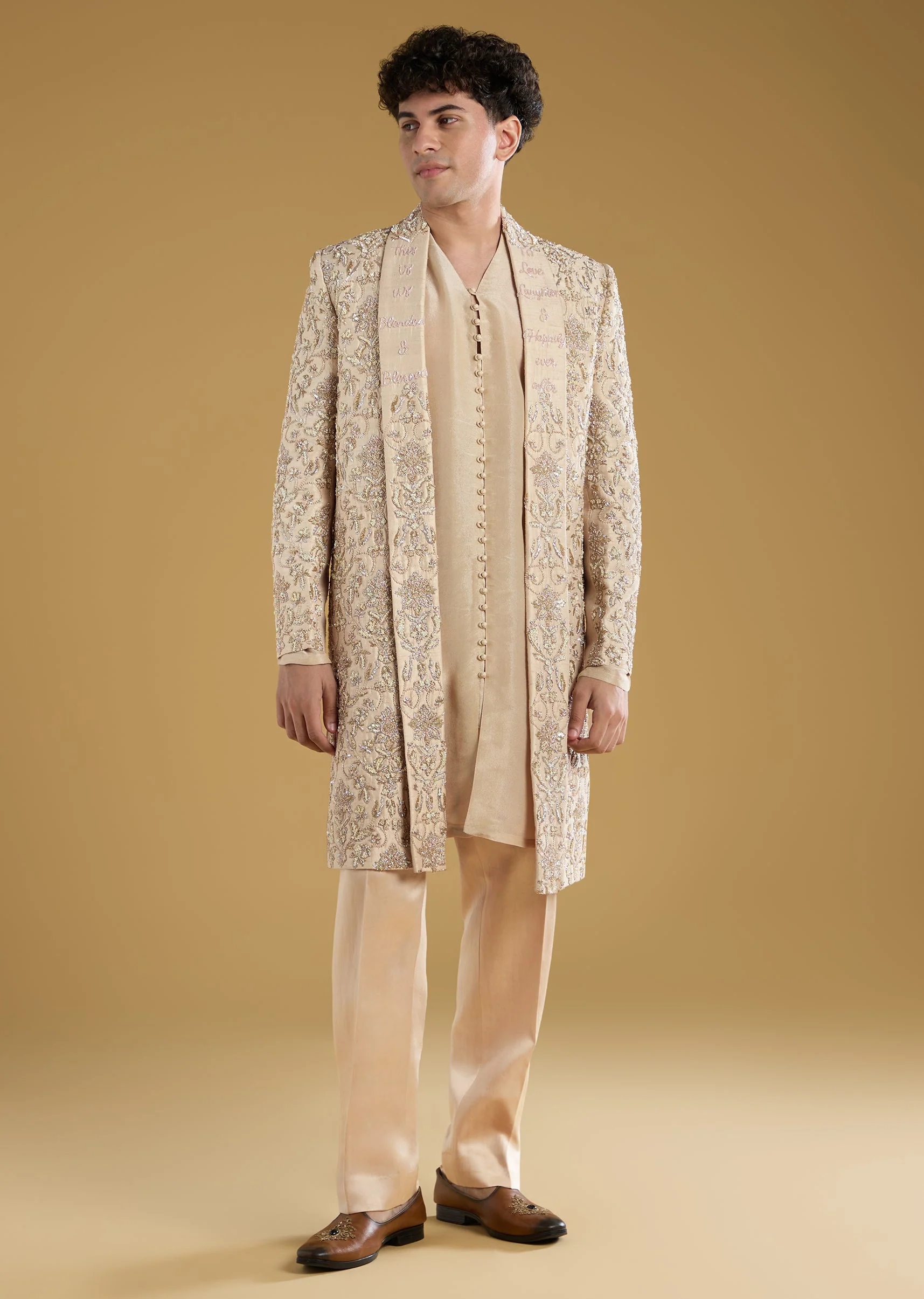 Gold Tissue Sherwani With Zari Cut Dana And Sequins Work
