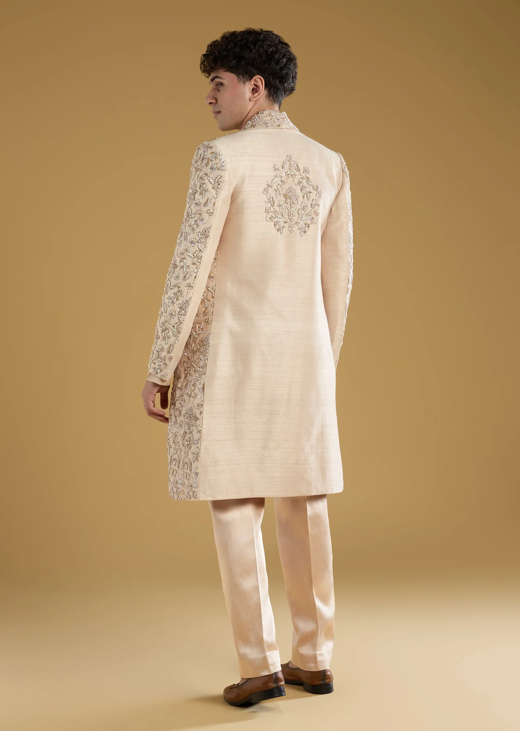 Gold Tissue Sherwani With Zari Cut Dana And Sequins Work - Image 5