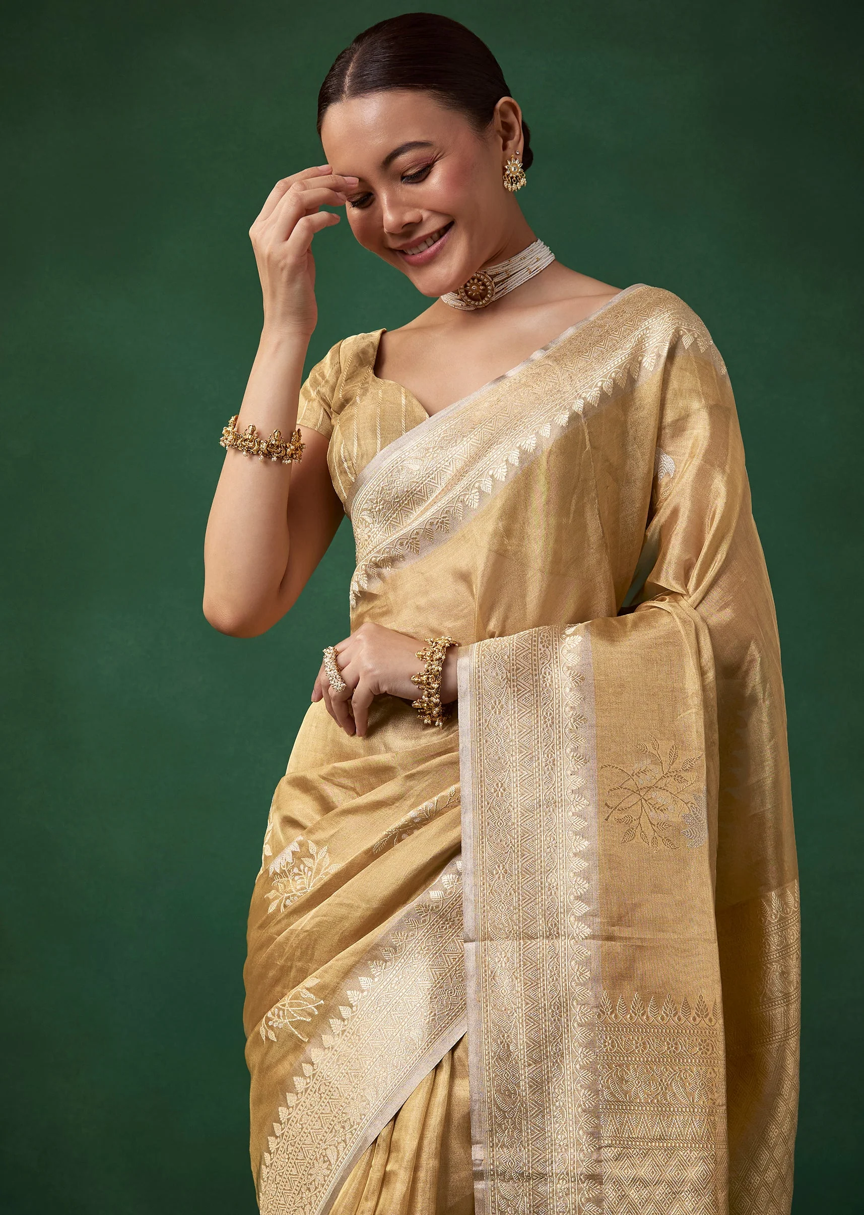 Gold Tissue Silk Butti Woven Saree with Unstitched Blouse - Image 5