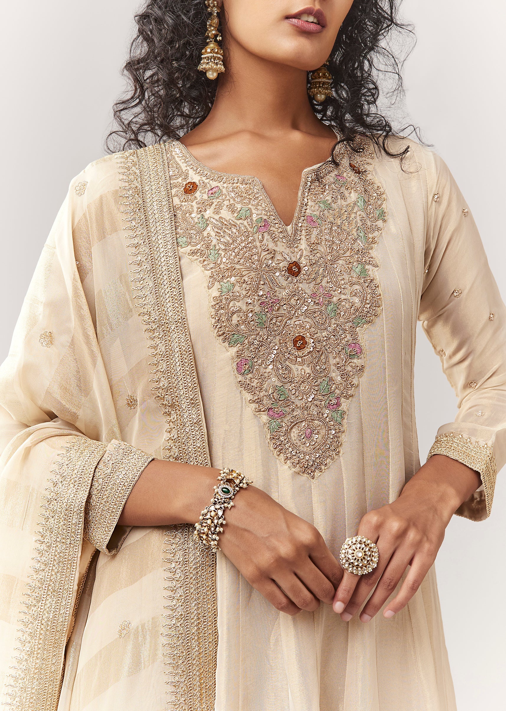 Gold Tissue Zardosi Work Floor Length Anarkali With Dupatta - Image 2