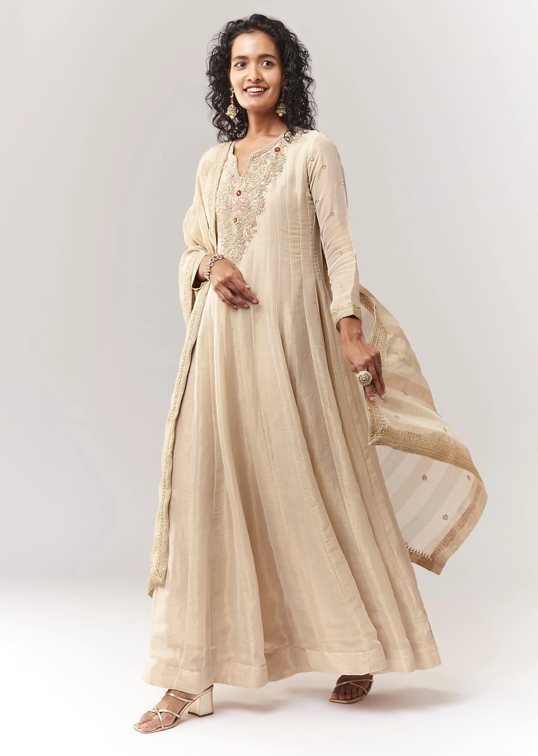 Gold Tissue Zardosi Work Floor Length Anarkali With Dupatta - Image 3