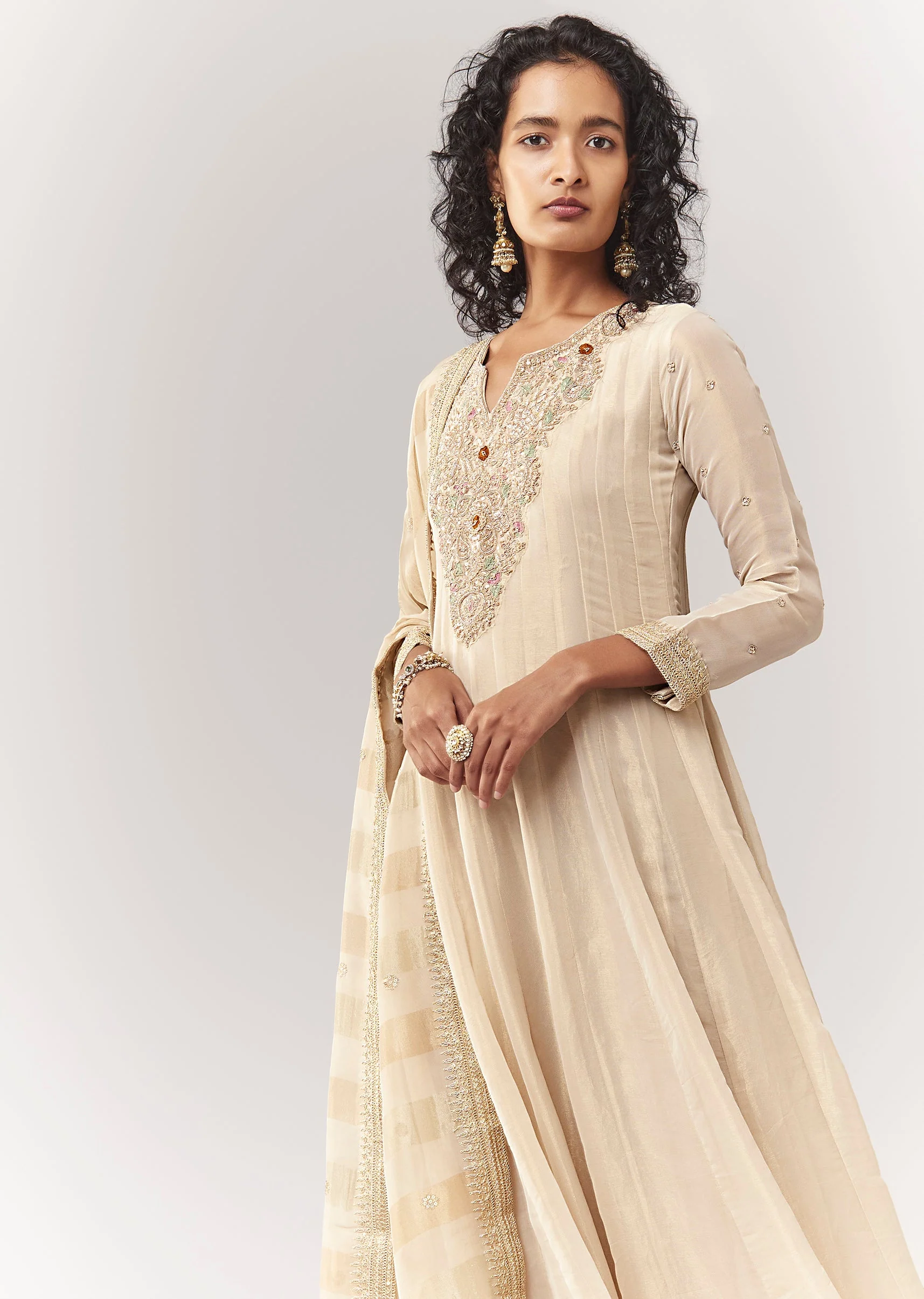 Gold Tissue Zardosi Work Floor Length Anarkali With Dupatta - Image 4