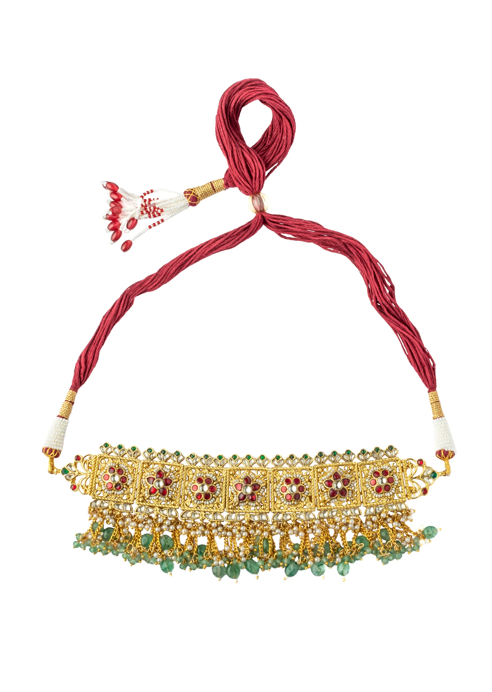 Gold Tone Choker Set With Red Green Stone And Pearl Drops Embellishments - Image 4