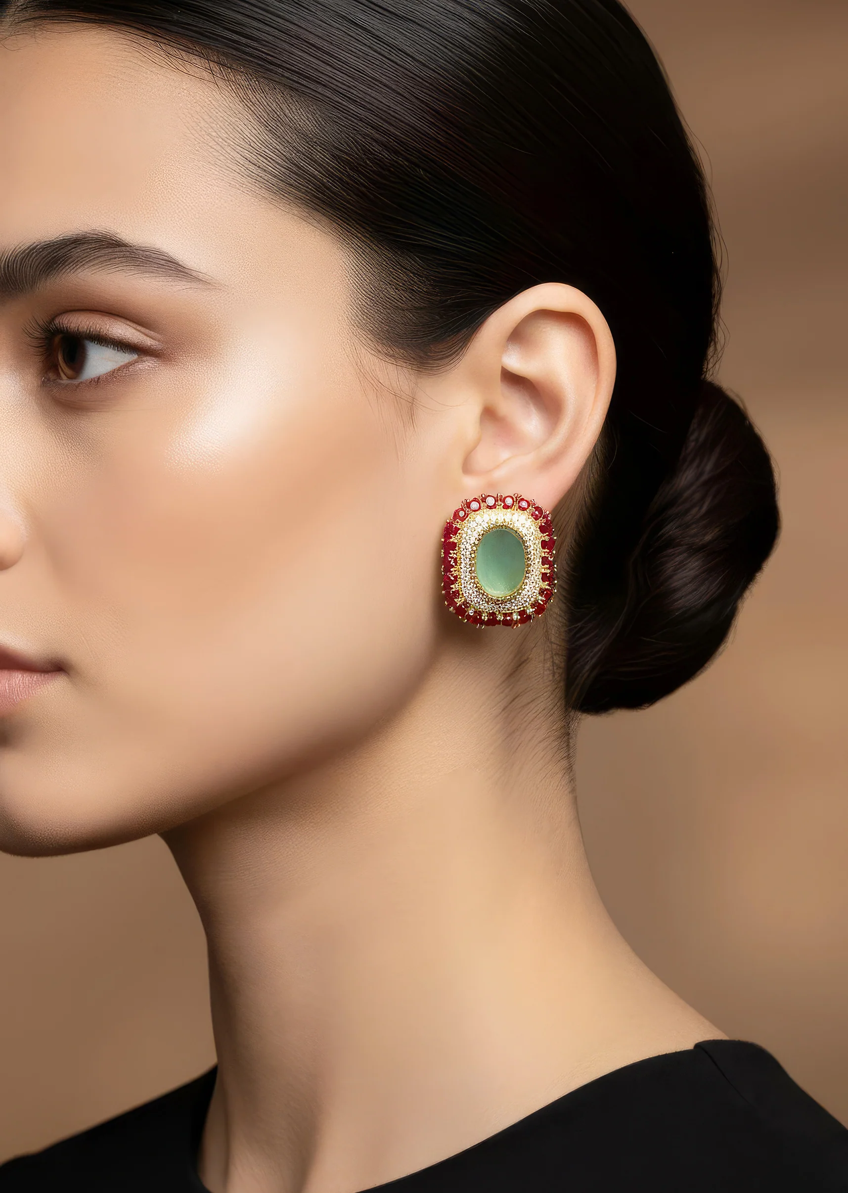 Gold Tone Earrings In Stud Style With Enamel And Stone Detailing